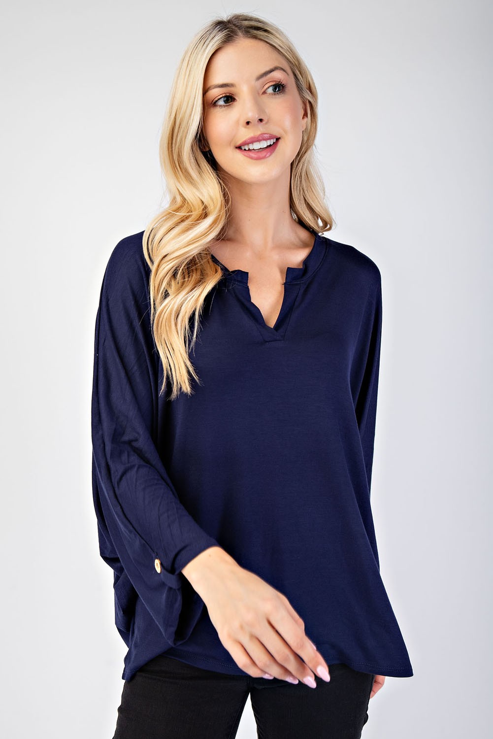 Celeste Full Size Notched Three-Quarter Sleeve Blouse-TOPS / DRESSES-[Adult]-[Female]-2022 Online Blue Zone Planet