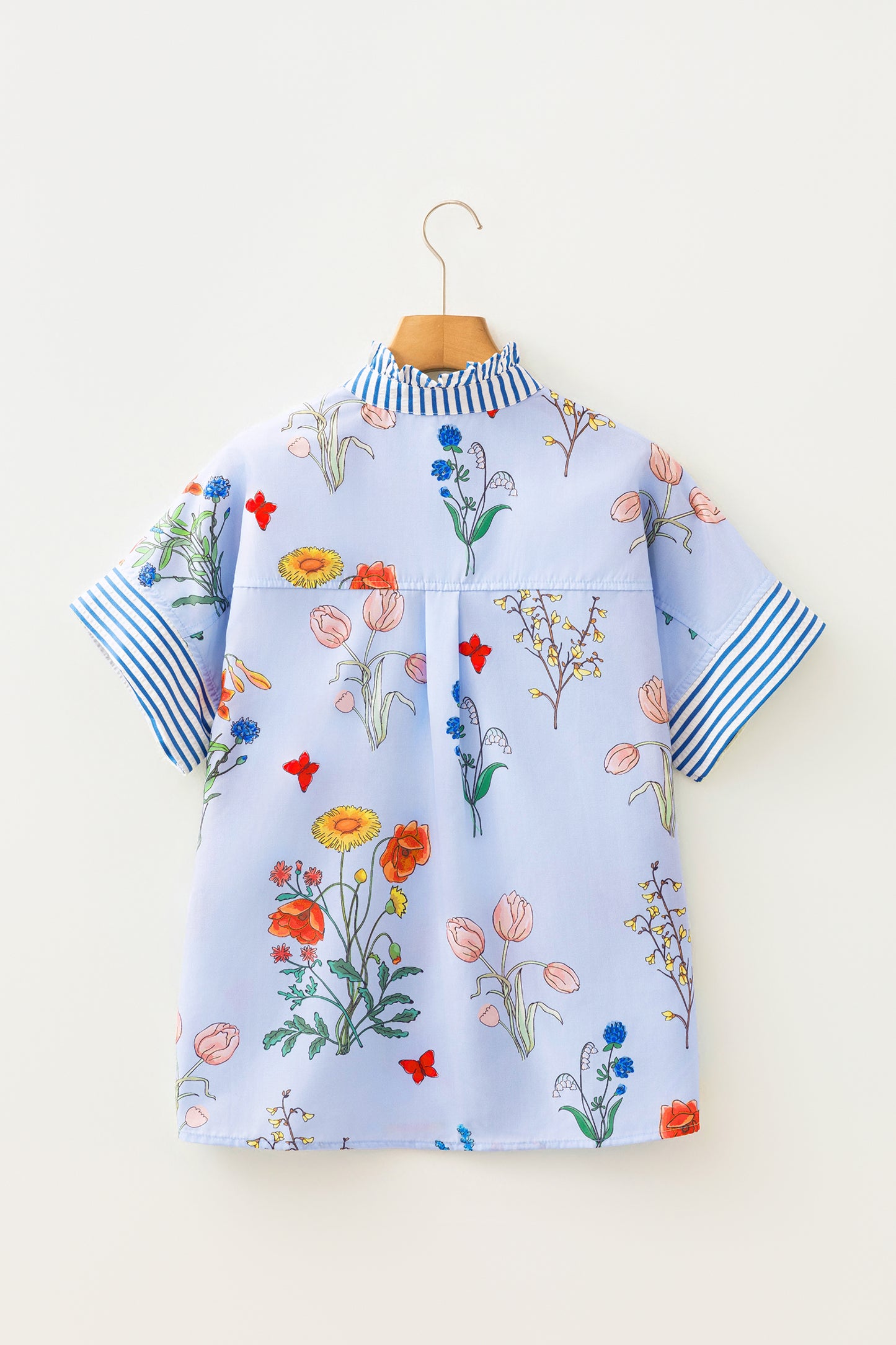 Beige Floral Striped Patchwork Ruffled Collar Short Sleeve Shirt-Tops/Blouses & Shirts-[Adult]-[Female]-2022 Online Blue Zone Planet