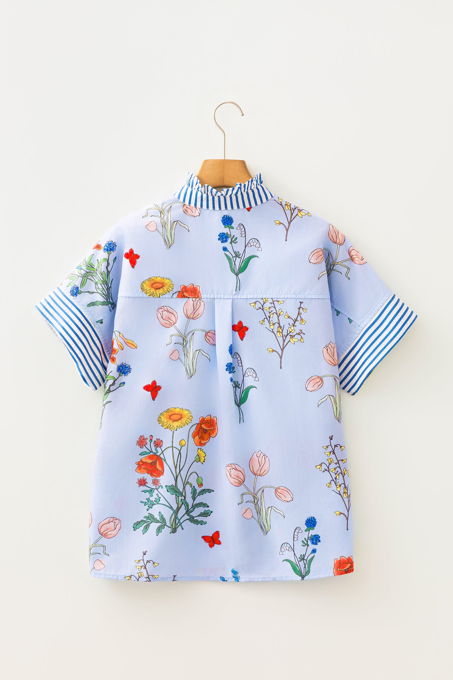 Beige Floral Striped Patchwork Ruffled Collar Short Sleeve Shirt-Tops/Blouses & Shirts-[Adult]-[Female]-2022 Online Blue Zone Planet