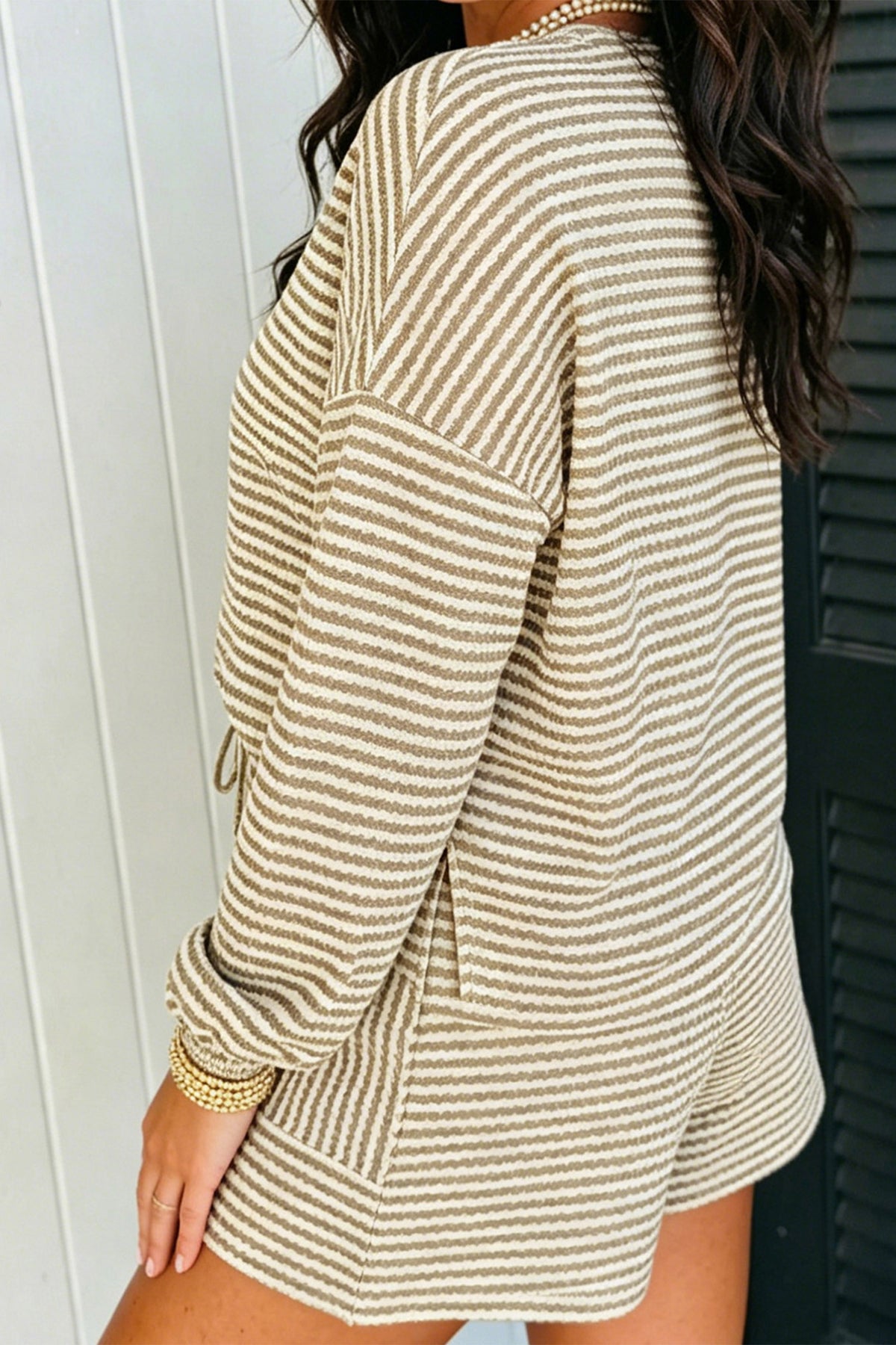 Brown Stripe Textured Knit Long Sleeve Top Elastic Waist Shorts Casual Outfit-Two Piece Sets/Short Sets-[Adult]-[Female]-2022 Online Blue Zone Planet