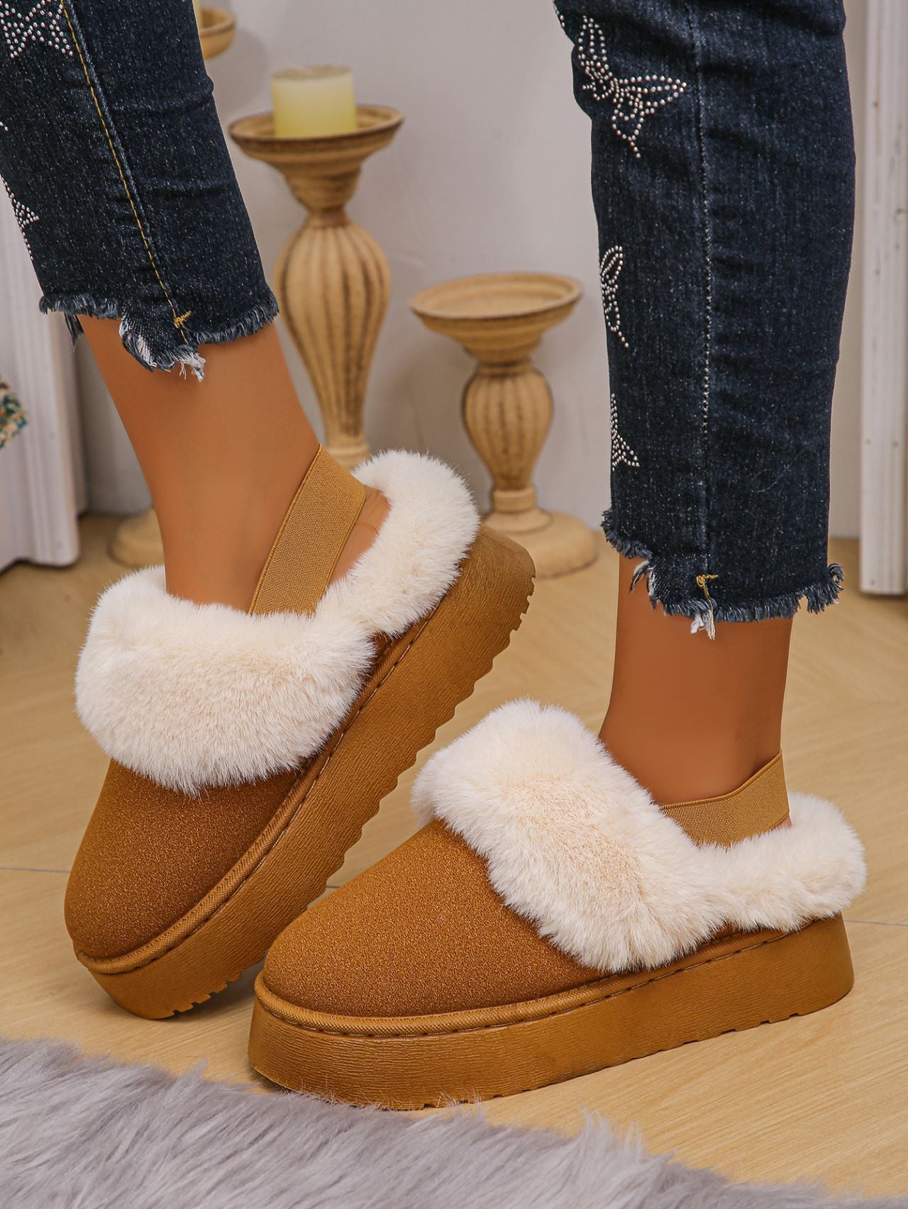 Blue Zone Planet | Faux Fur Round Toe Platform Slippers-SHOES-[Adult]-[Female]-2022 Online Blue Zone Planet