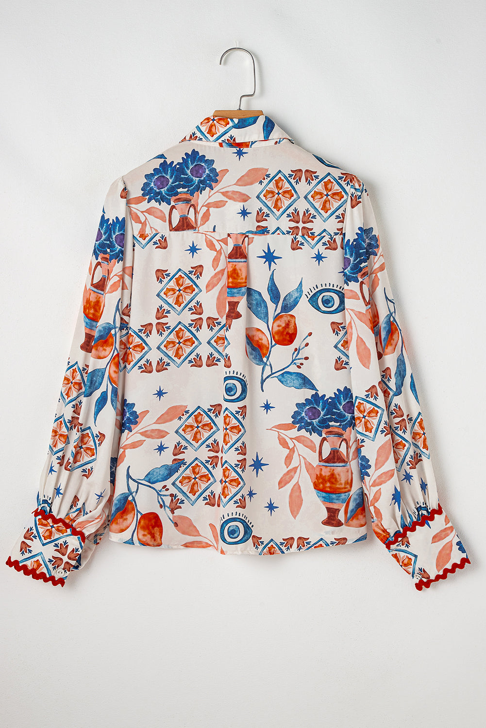 Multicolour Ethnic Floral Print Ricrac Button Down Shirt-Long Sleeve Tops-[Adult]-[Female]-2022 Online Blue Zone Planet