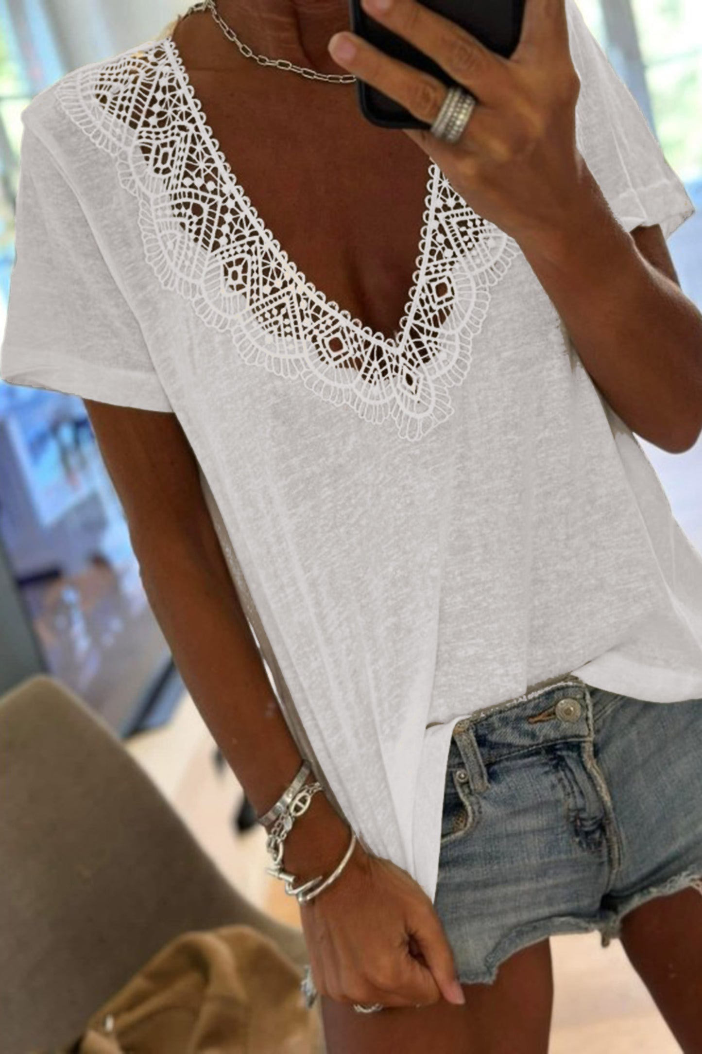 White Hollowed Lace Splicing V Neck T Shirt-Tops/Tops & Tees-[Adult]-[Female]-White-S-2022 Online Blue Zone Planet