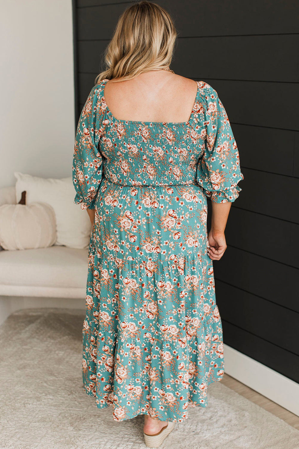 Green Plus Size Floral Print Square Neck Smocked Maxi Dress-Plus Size/Plus Size Dresses/Plus Size Maxi Dresses-[Adult]-[Female]-2022 Online Blue Zone Planet