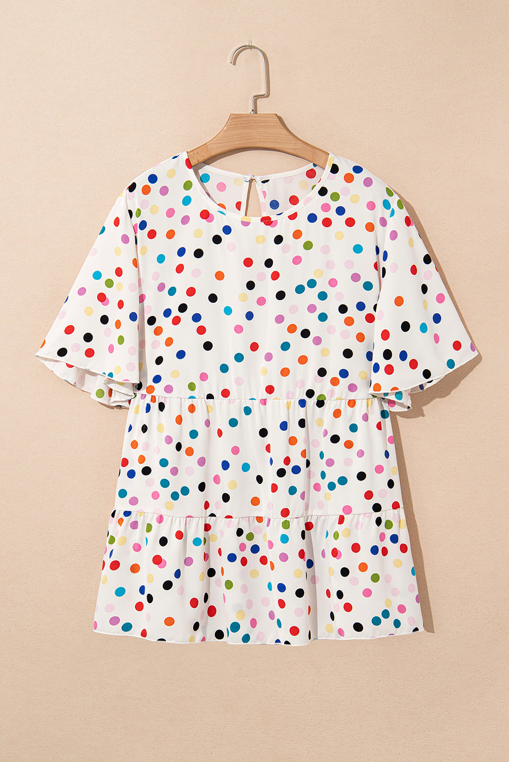 Beige Colorful Polka Dot Print Short Sleeve Ruffled Plus Size Babydoll Blouse-Plus Size/Plus Size Tops/Plus Size Blouses & Shirts-[Adult]-[Female]-2022 Online Blue Zone Planet