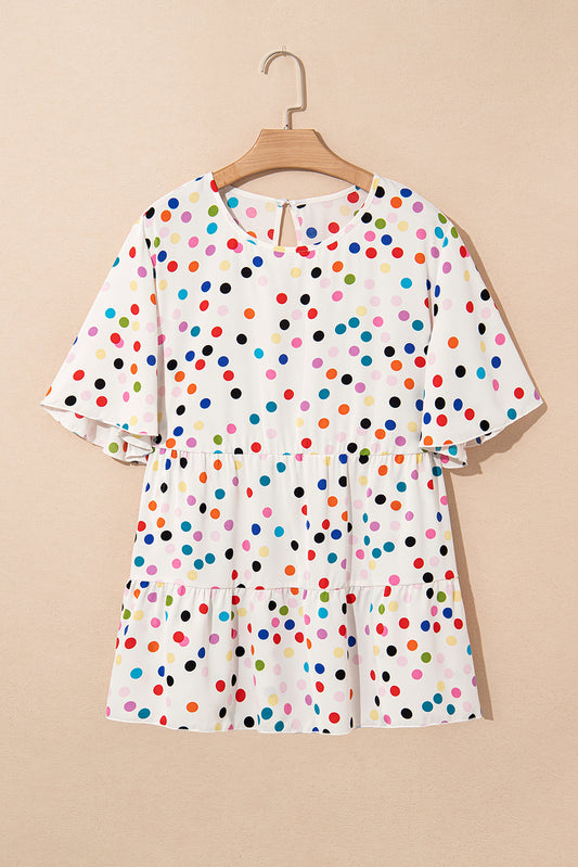 Beige Colorful Polka Dot Print Short Sleeve Ruffled Plus Size Babydoll Blouse-Plus Size/Plus Size Tops/Plus Size Blouses & Shirts-[Adult]-[Female]-2022 Online Blue Zone Planet