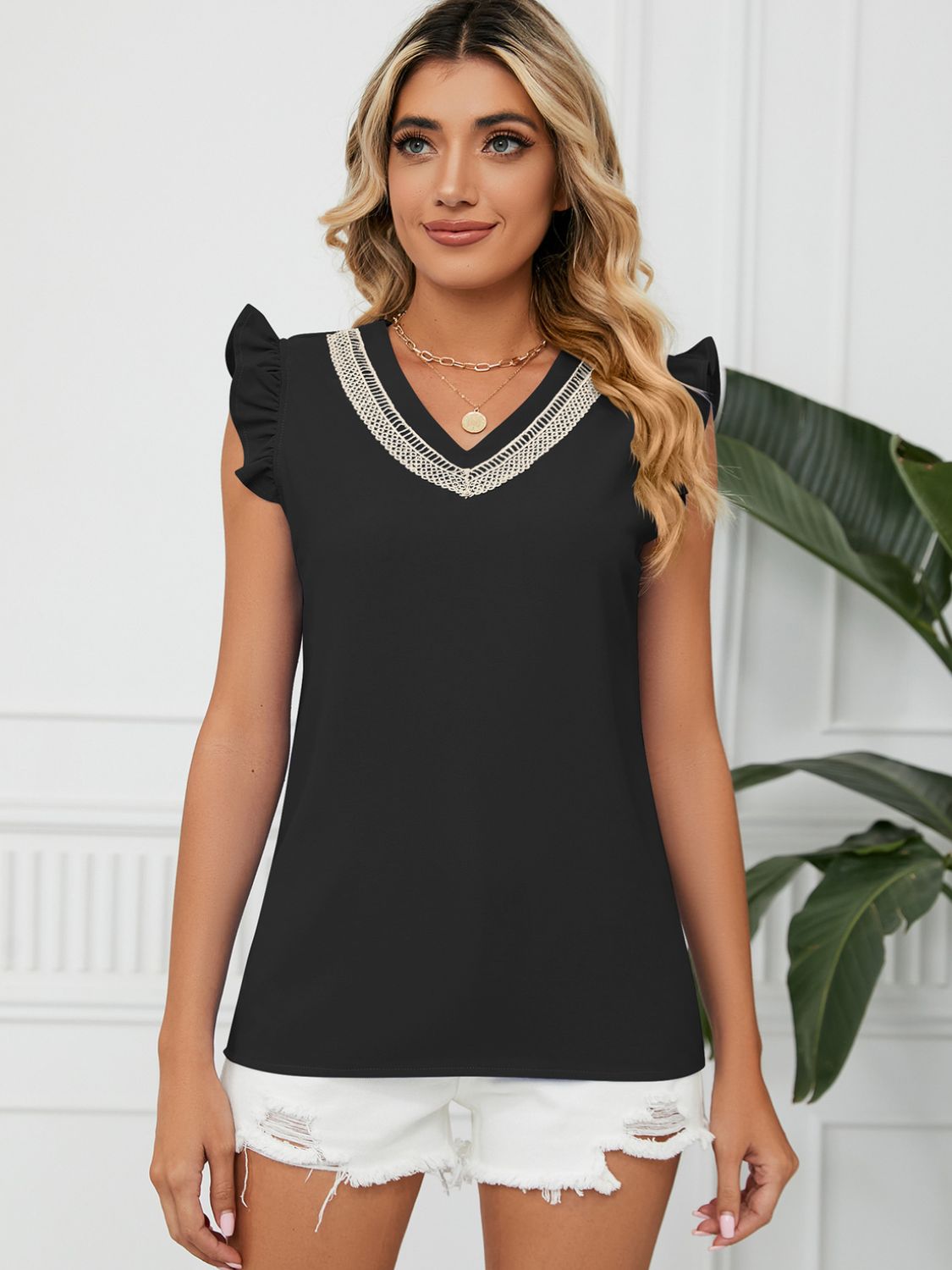 Ruffled V-Neck Cap Sleeve Blouse-TOPS / DRESSES-[Adult]-[Female]-Black-S-2022 Online Blue Zone Planet