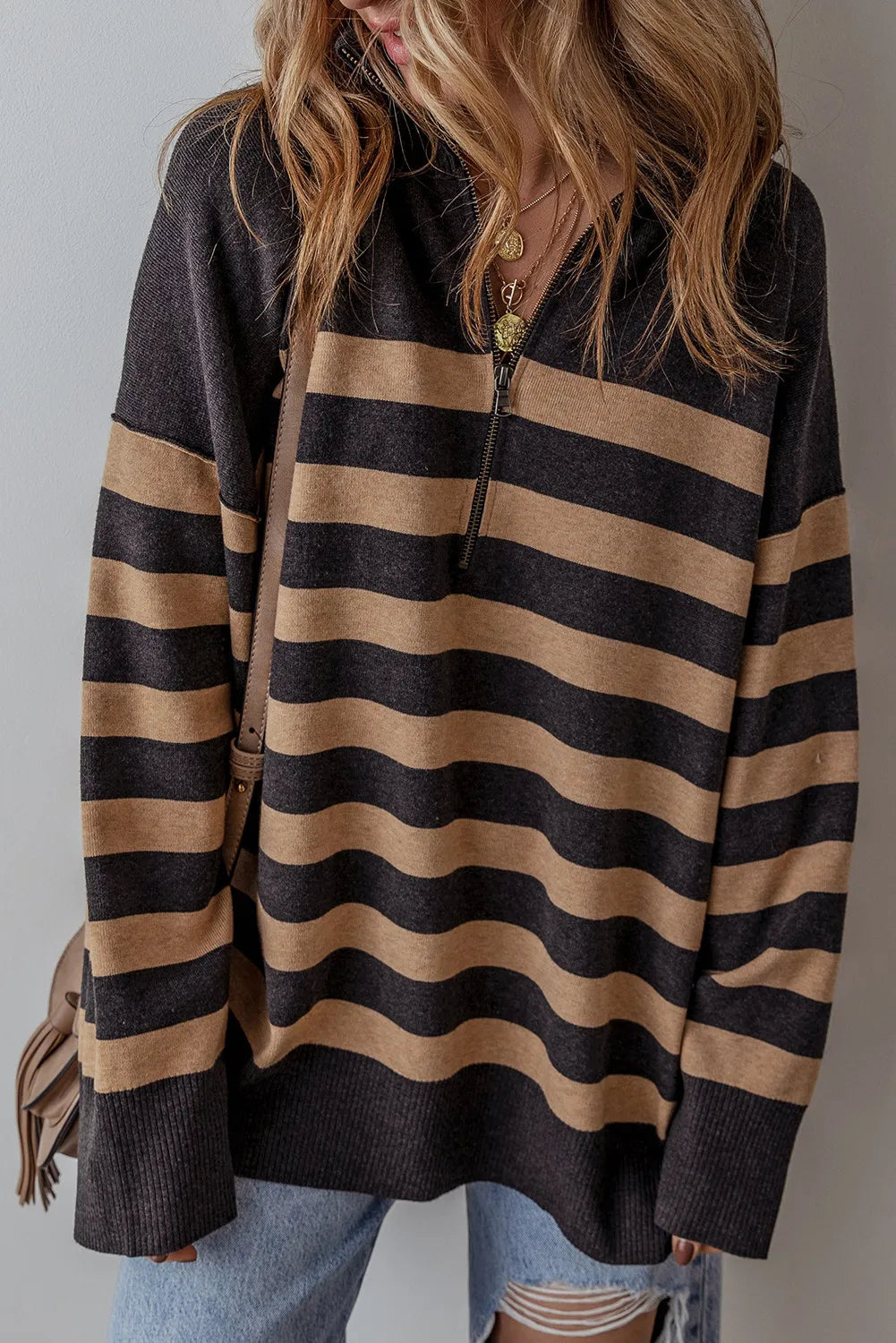 Striped Half Zip Long Sleeve Knit Top-TOPS / DRESSES-[Adult]-[Female]-Black-S-2022 Online Blue Zone Planet