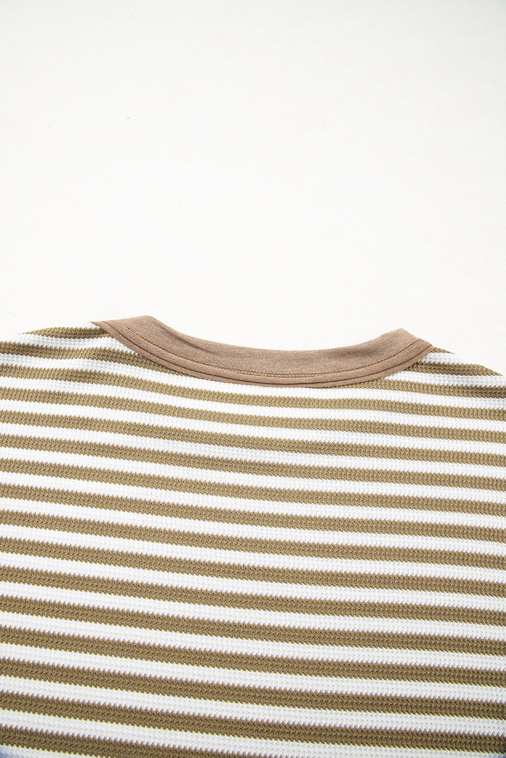 Khaki Stripe Thermal Knit Drop Shoulder Casual Top-Tops/Long Sleeve Tops-[Adult]-[Female]-2022 Online Blue Zone Planet