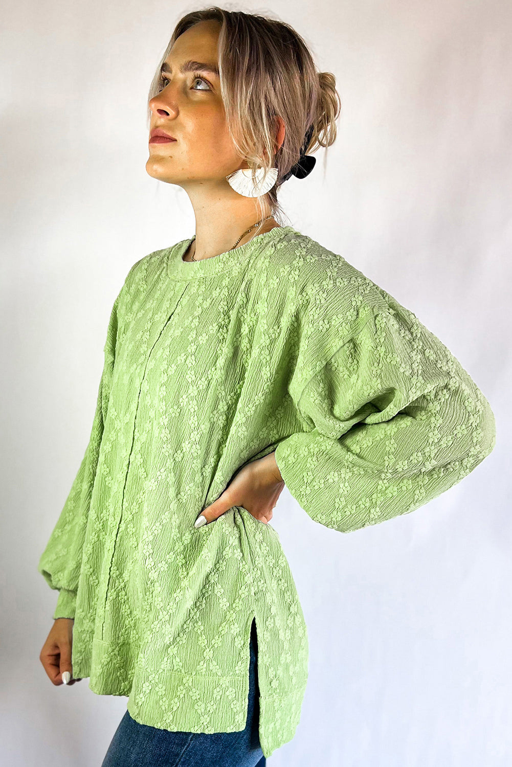 Blue Zone Planet | Light Green Solid Color Textured Side Split Crew Neck Blouse-Tops/Blouses & Shirts-[Adult]-[Female]-2022 Online Blue Zone Planet