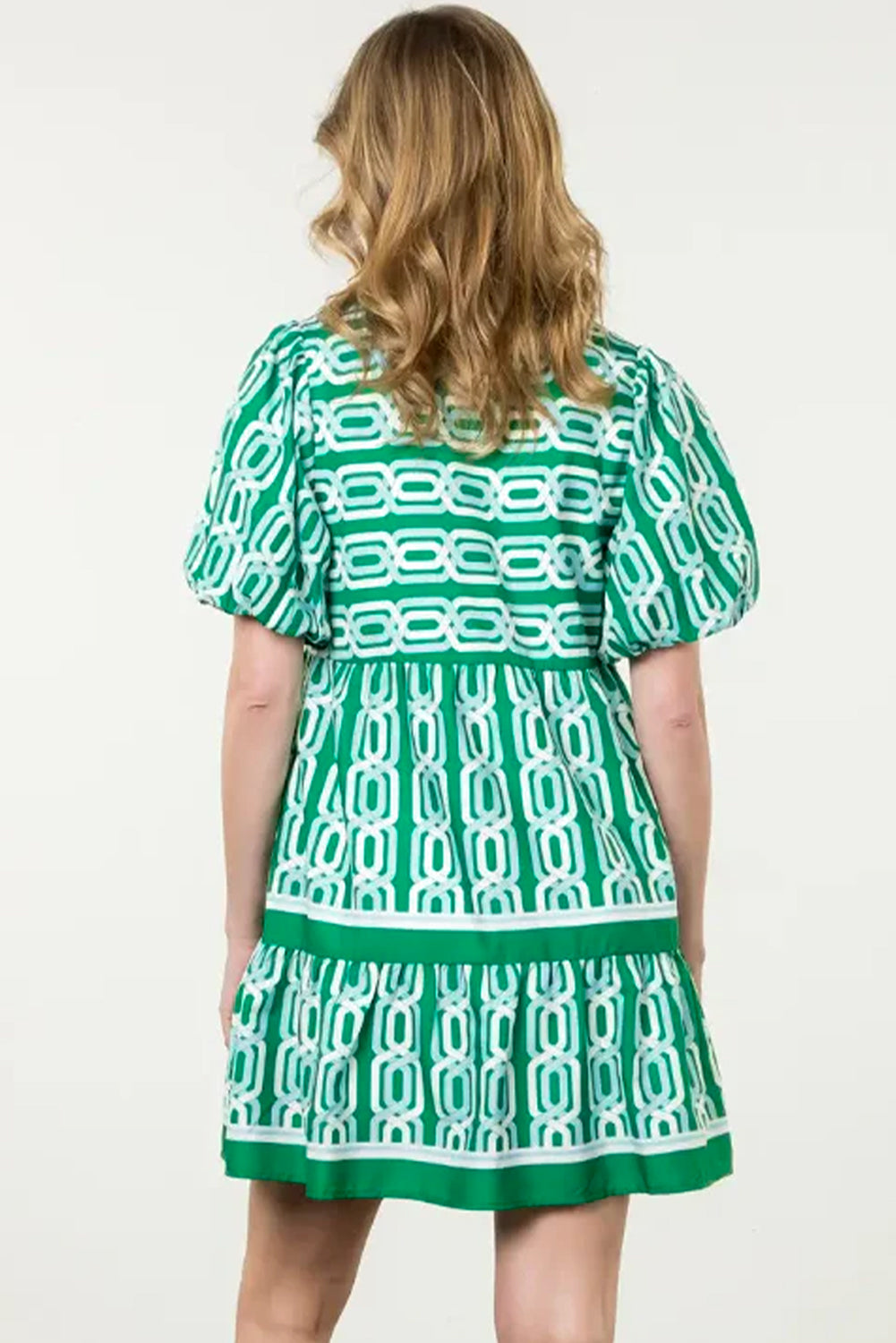 Bright Green Abstract Patterned V Neck Puff Short Sleeve Mini Dress-TOPS / DRESSES-[Adult]-[Female]-2022 Online Blue Zone Planet