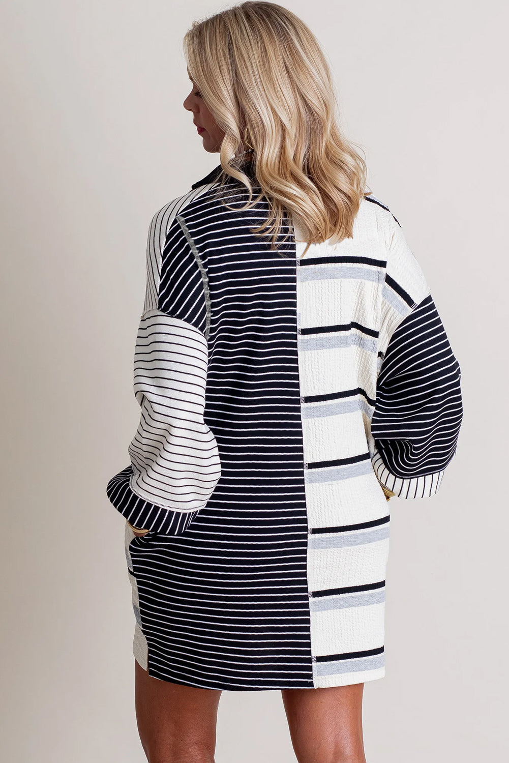 Blue Zone Planet | Black Stripe Colorblock Knit Henley Collar Shift Long Sleeve Mini Dress-TOPS / DRESSES-[Adult]-[Female]-2022 Online Blue Zone Planet