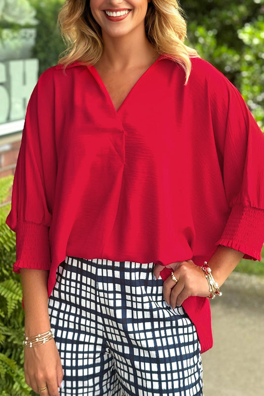 Fiery Red V Neck Collared Shirred 3/4 Sleeve Oversized Tunic Top-Tops/Blouses & Shirts-[Adult]-[Female]-2022 Online Blue Zone Planet
