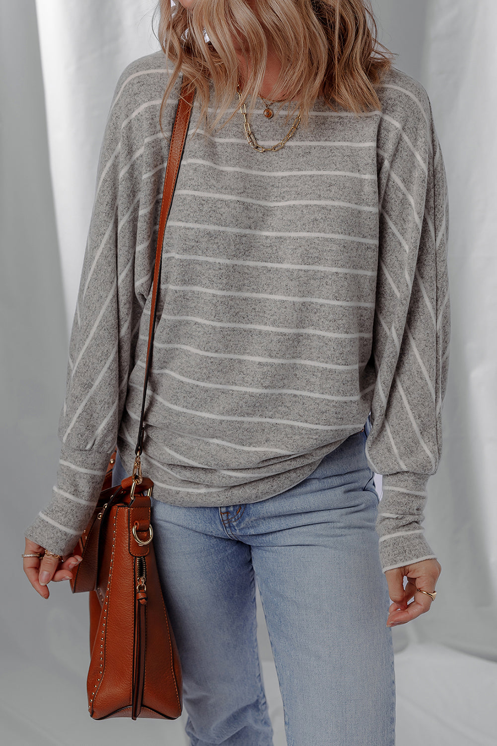 Gray Stripe Dolman Sleeve Drop Shoulder Top-Tops/Long Sleeve Tops-[Adult]-[Female]-Gray Stripe-S-2022 Online Blue Zone Planet