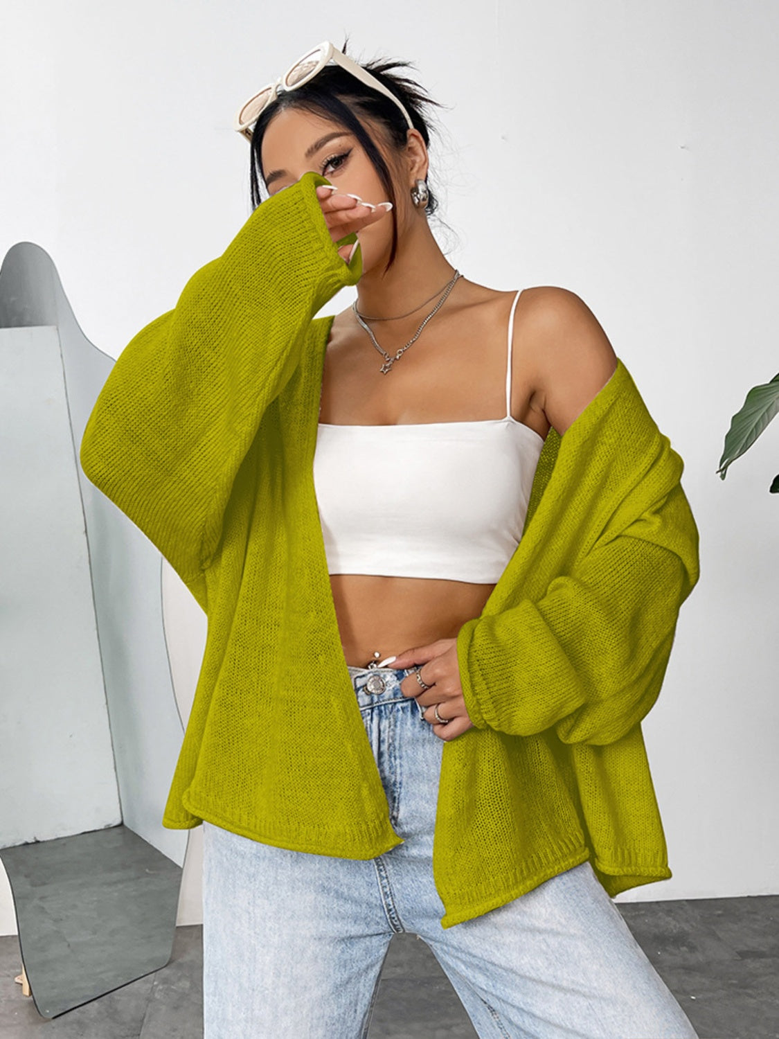 Blue Zone Planet | Open Front Dropped Shoulder Cardigan-TOPS / DRESSES-[Adult]-[Female]-Yellow-Green-S-2022 Online Blue Zone Planet