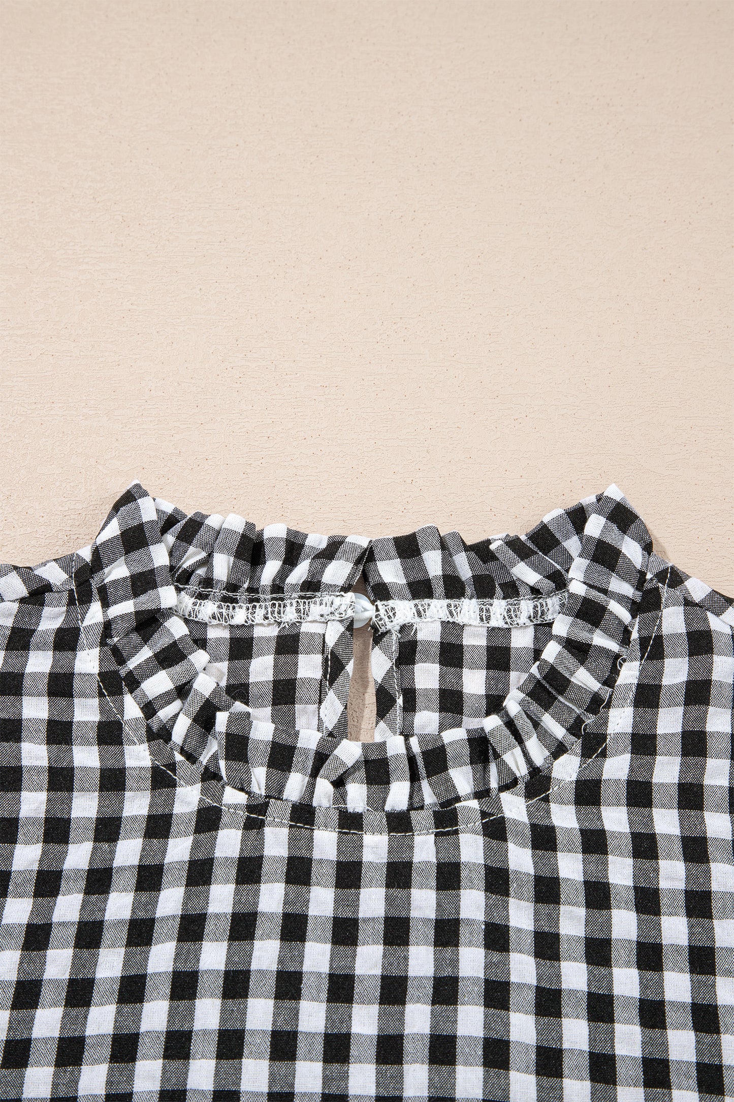Black Plaid Short Puff Sleeve Frilled Neck Blouse-Tops/Blouses & Shirts-[Adult]-[Female]-2022 Online Blue Zone Planet