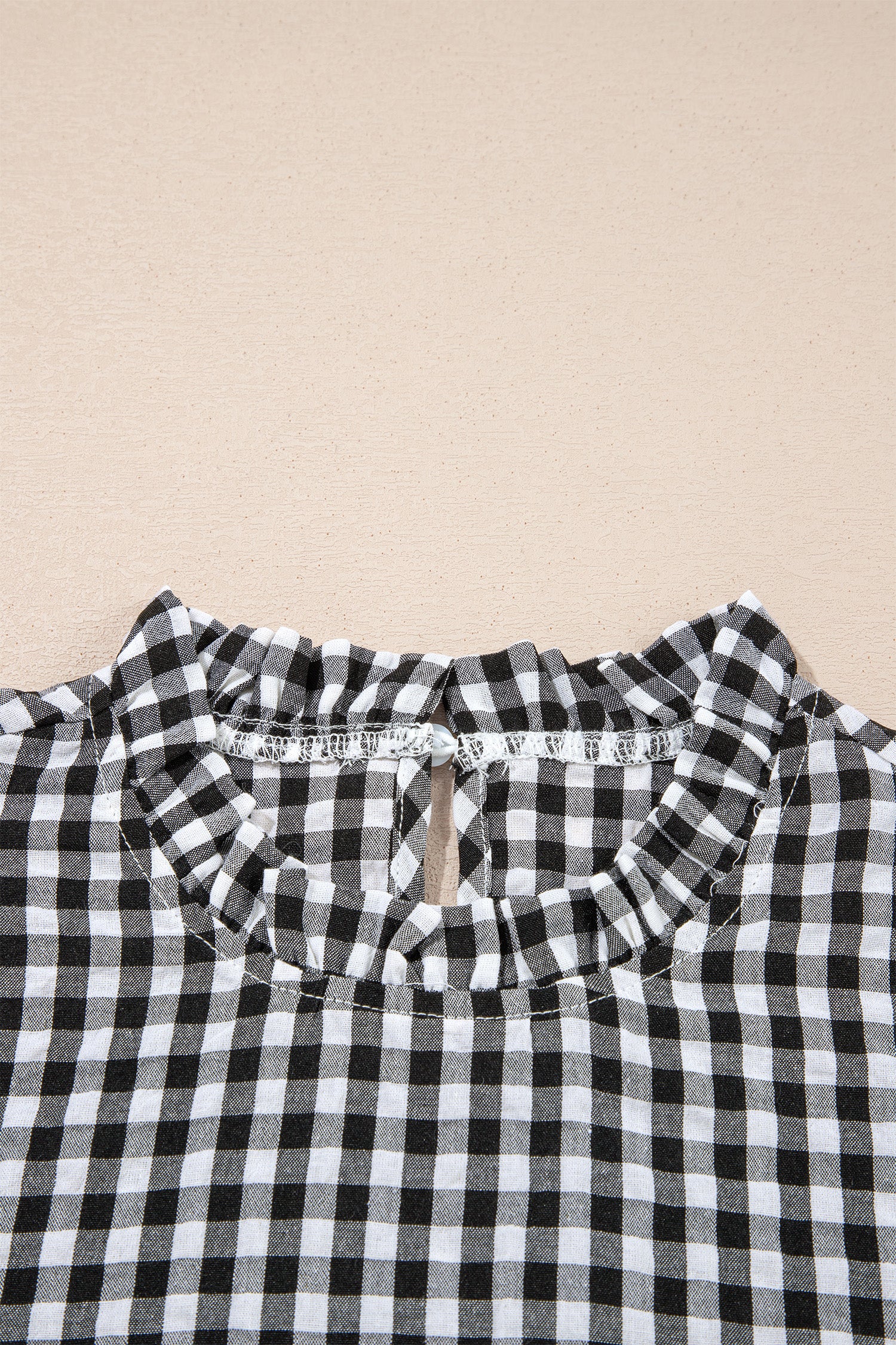 Black Plaid Short Puff Sleeve Frilled Neck Blouse-Tops/Blouses & Shirts-[Adult]-[Female]-2022 Online Blue Zone Planet