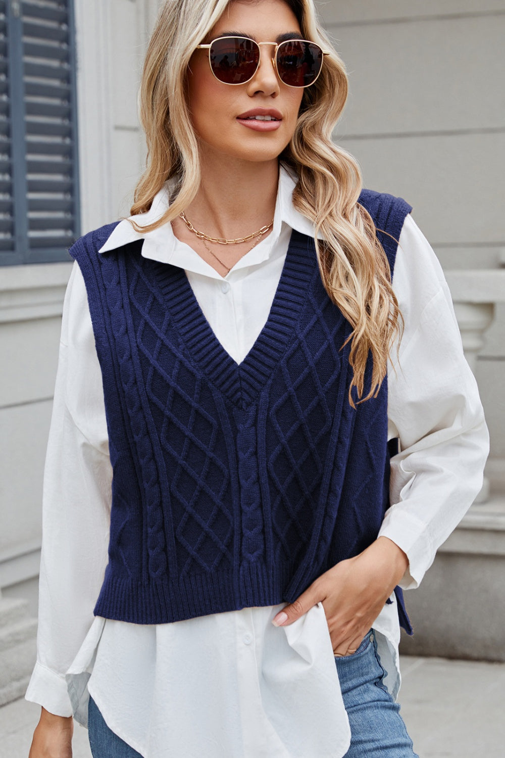 Blue Zone Planet | Cable-Knit V-Neck Sweater Vest-TOPS / DRESSES-[Adult]-[Female]-2022 Online Blue Zone Planet