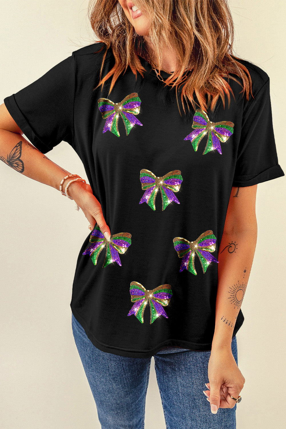 Black Sequin Mardi Gras Bow Graphic Crewneck Tee-Graphic Tees-[Adult]-[Female]-2022 Online Blue Zone Planet