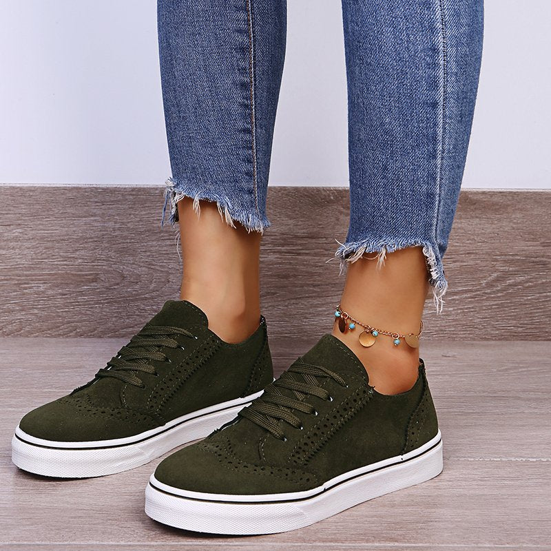 Blue Zone Planet | Lace-Up Suedette Flat Sneakers-SNEAKERS-[Adult]-[Female]-Army Green-35(US4)-2022 Online Blue Zone Planet