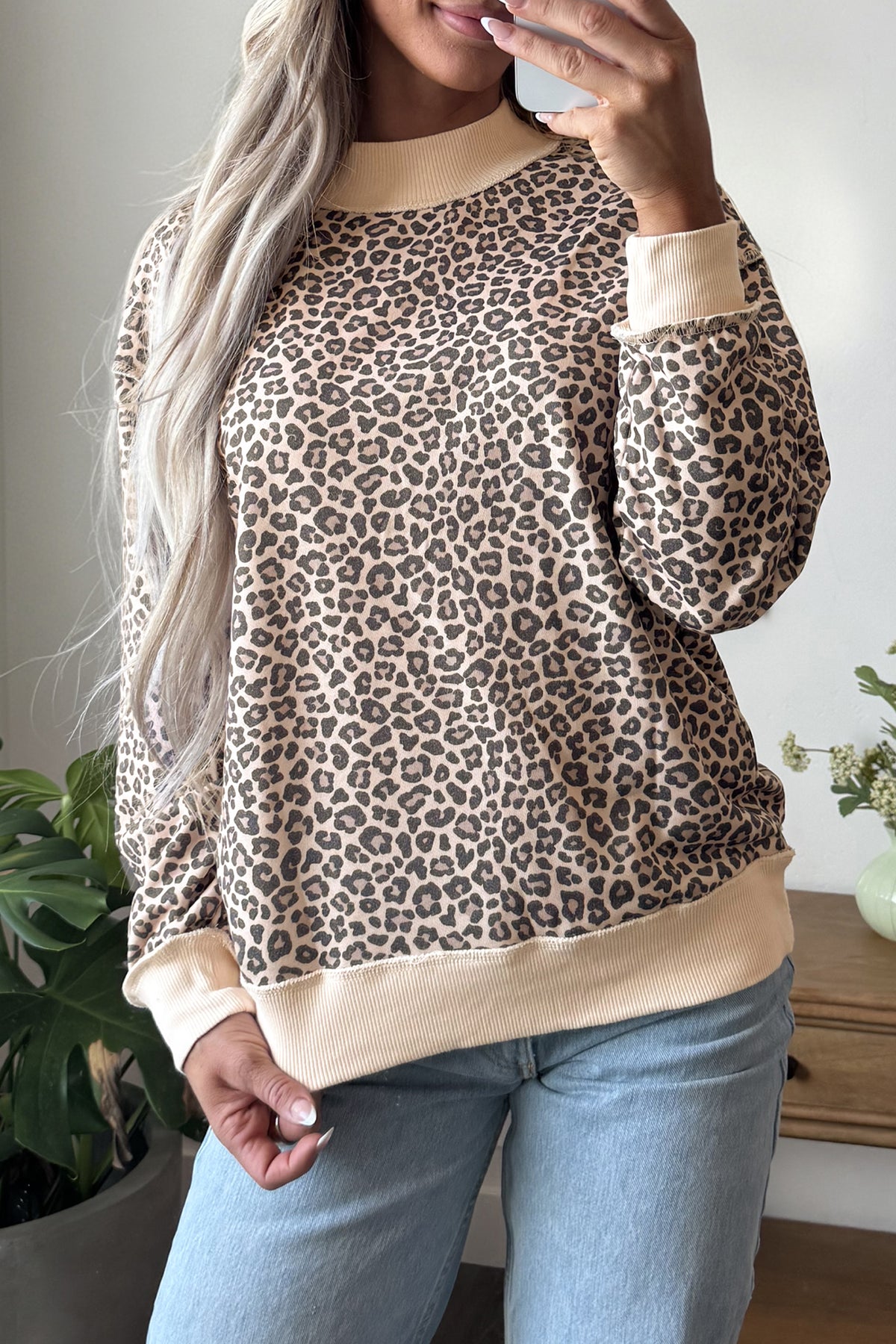 Multicolour Leopard Print High Neck Long Sleeve Ribbed Cuffs Hem Sweatshirt-Tops/Sweatshirts & Hoodies-[Adult]-[Female]-2022 Online Blue Zone Planet