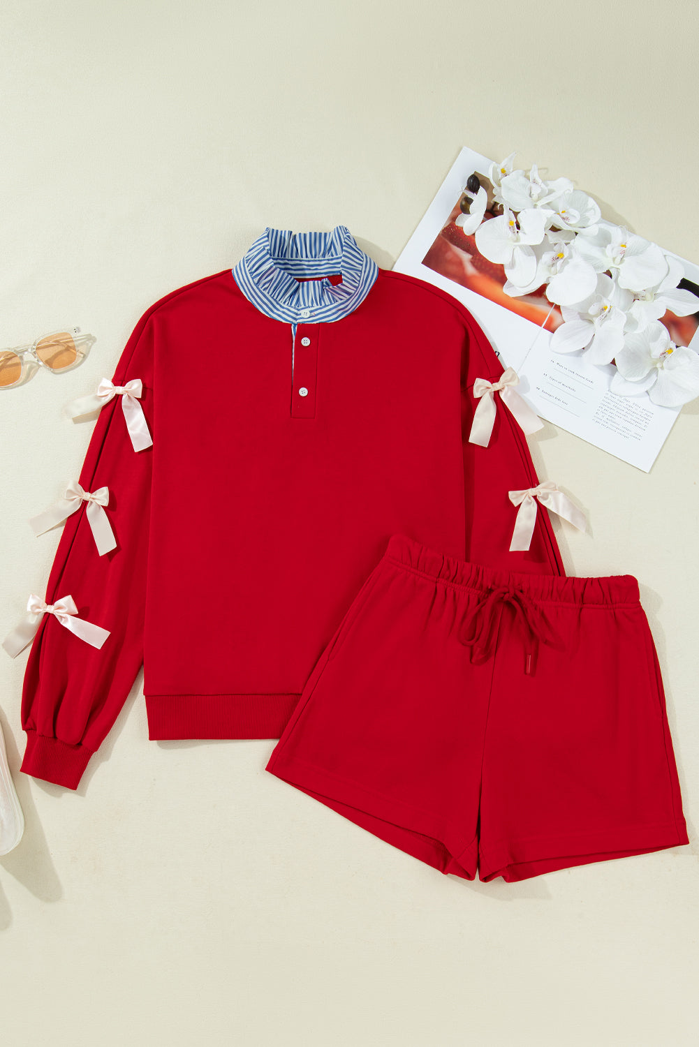 Racing Red Striped Collar Patchwork Satin Bow Sweatshirt and Shorts Set-Two Piece Sets/Short Sets-[Adult]-[Female]-2022 Online Blue Zone Planet