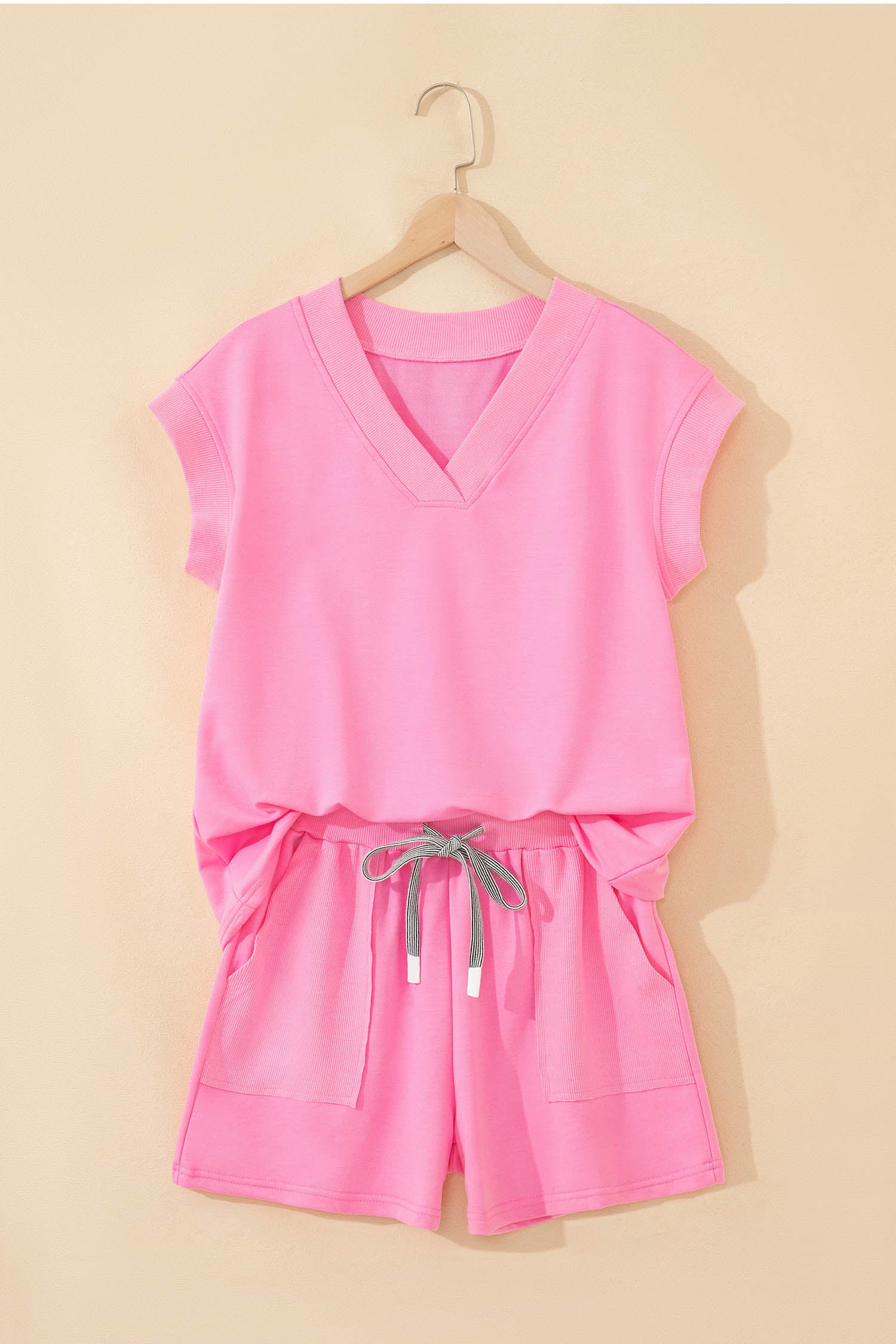 Sachet Pink V Neck Short Sleeve Top Drawstring Shorts 2pcs Set-Two Piece Sets/Short Sets-[Adult]-[Female]-2022 Online Blue Zone Planet