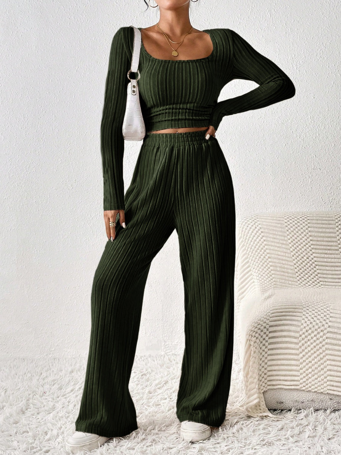 Scoop Neck Long Sleeve Top and Pants Set-TOPS / DRESSES-[Adult]-[Female]-Army Green-S-2022 Online Blue Zone Planet