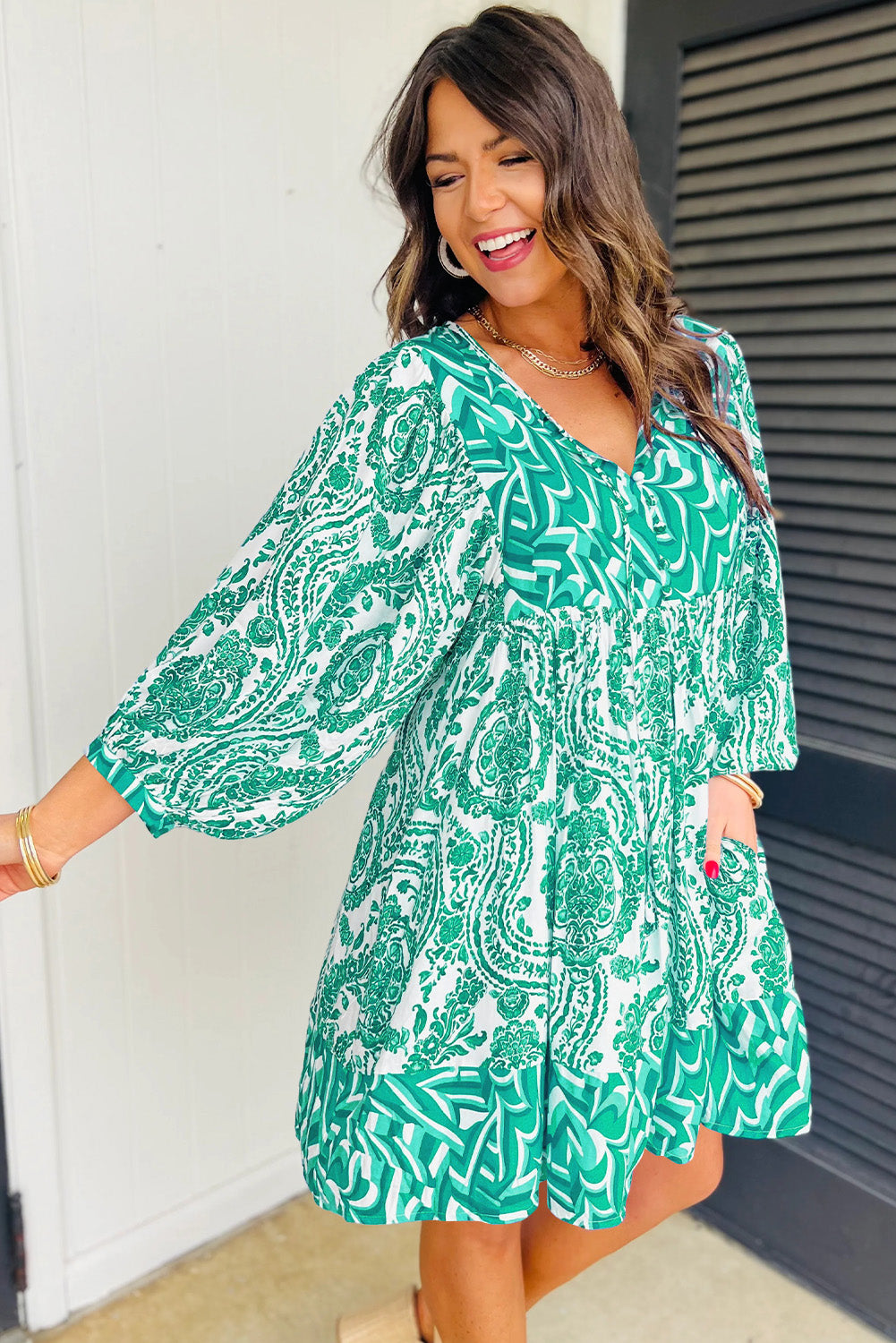 Green Bohemian Print Puff Sleeve Tied V Neck Flared Mini Dress-Dresses/Mini Dresses-[Adult]-[Female]-2022 Online Blue Zone Planet