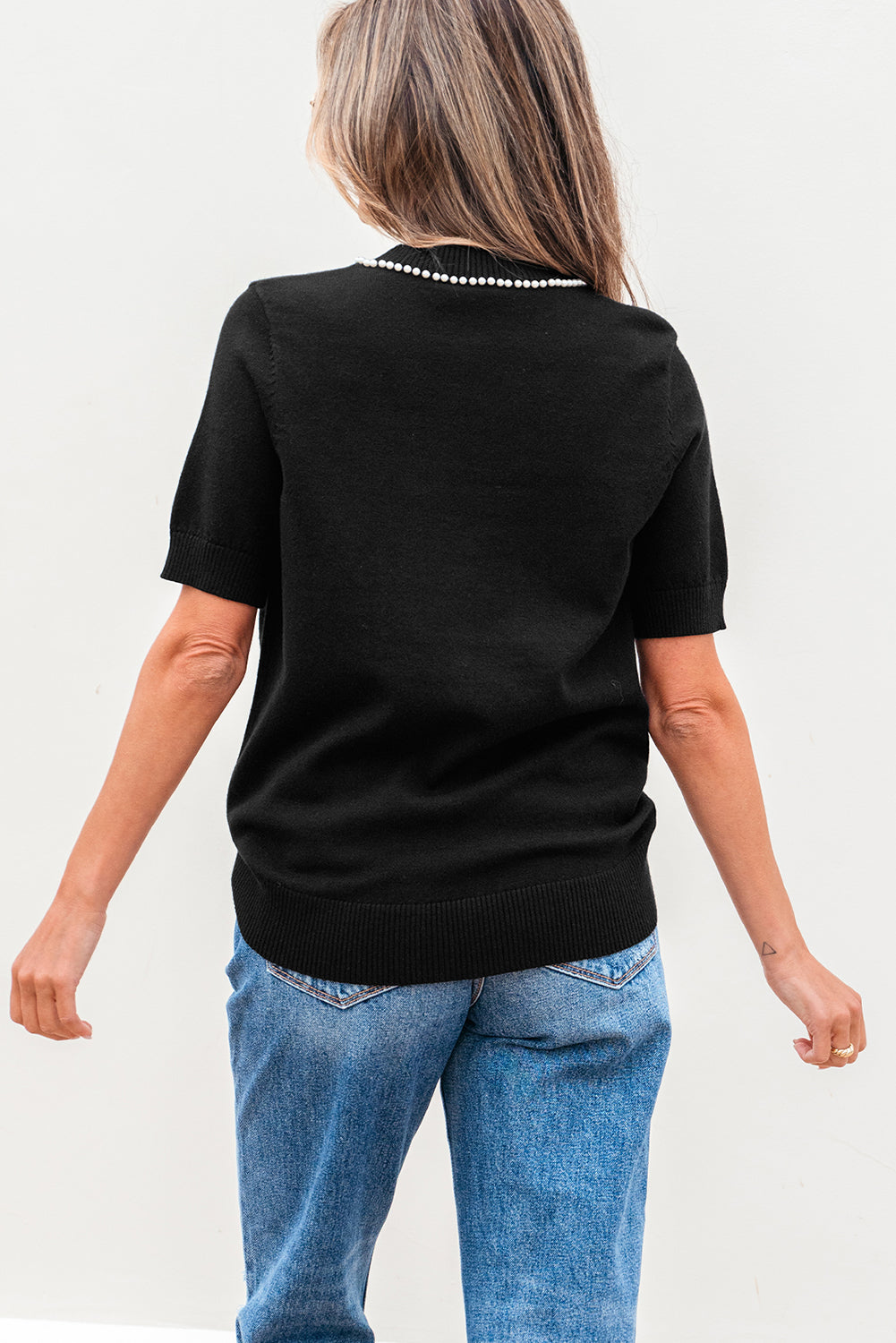 Black Pearl Bow Necklace Embellished Short Sleeve Knitted T Shirt-Sweaters & Cardigans/Short Sleeve Sweaters-[Adult]-[Female]-2022 Online Blue Zone Planet