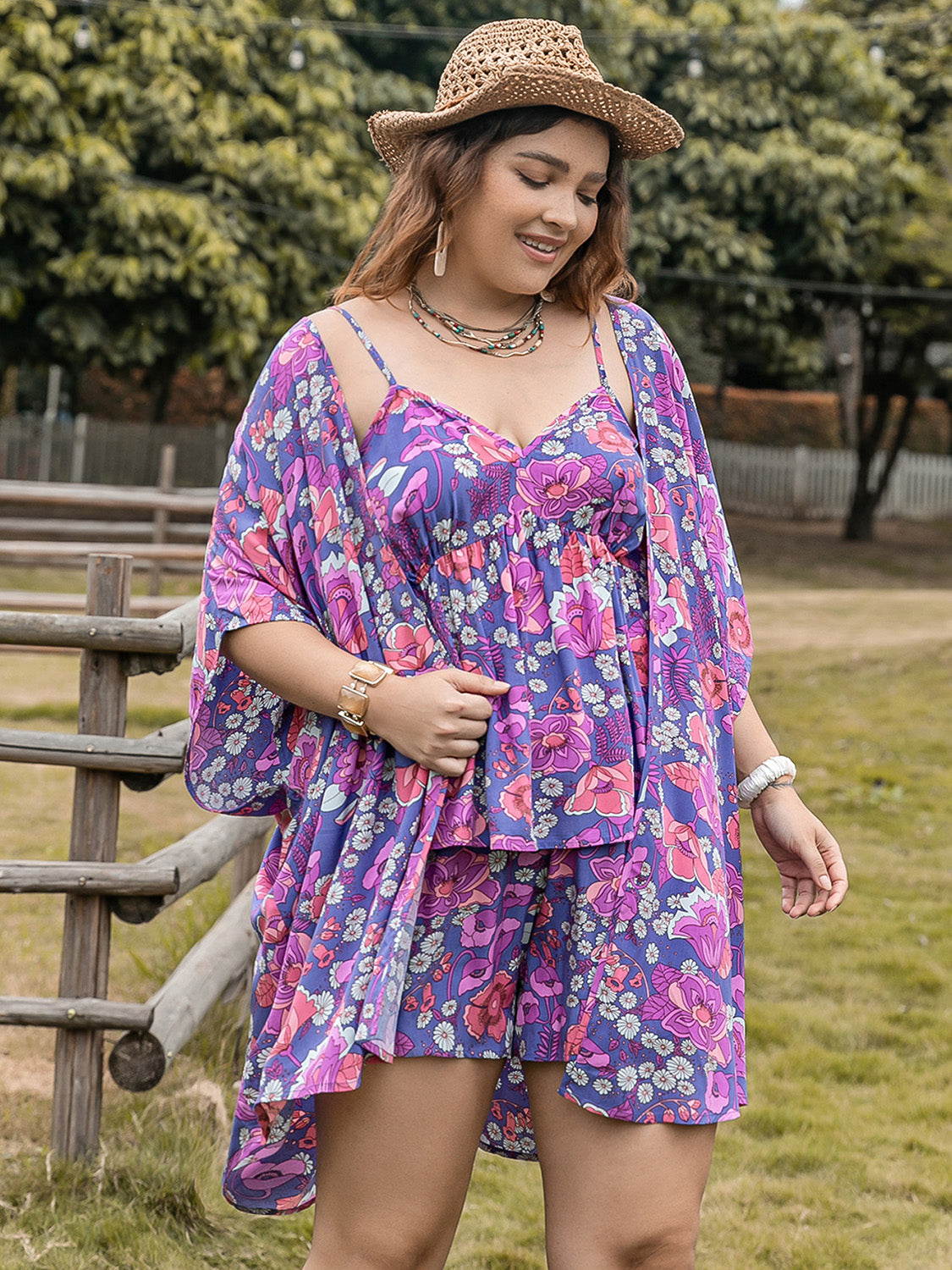 Blue Zone Planet | Plus Size Printed Cami, Open Front Cover Up and Shorts Set-TOPS / DRESSES-[Adult]-[Female]-2022 Online Blue Zone Planet