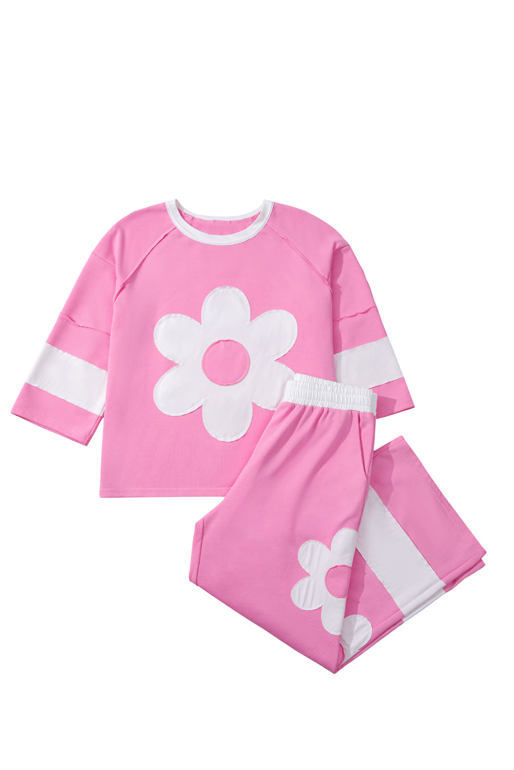 Orchid Bouquet Big Flower Patched Raw Seam Color Block 2 Piece Loose Pant Set-Two Piece Sets/Pant Sets-[Adult]-[Female]-2022 Online Blue Zone Planet