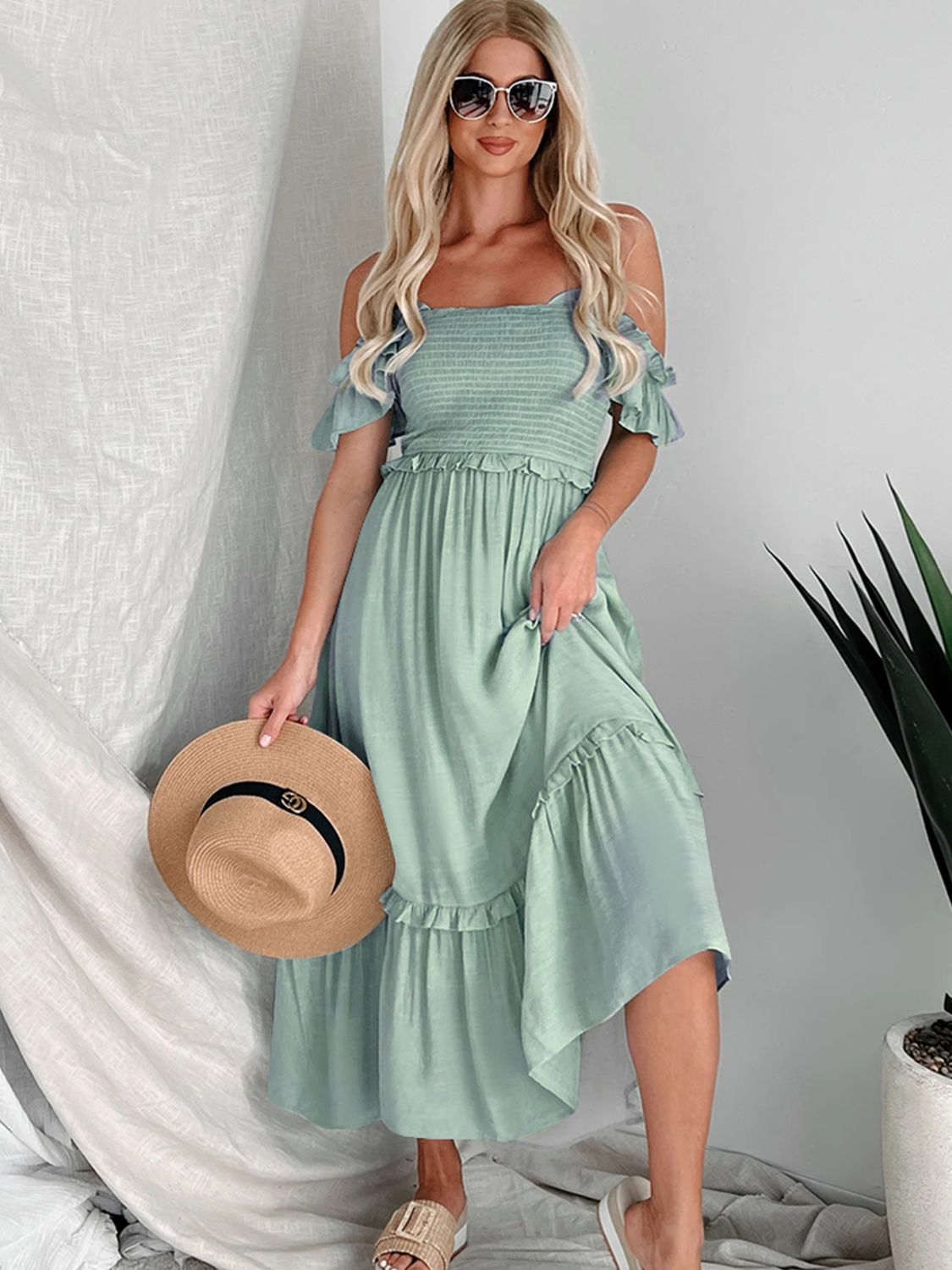 Blue Zone Planet | Frill Smocked Off-Shoulder Ruffle Sleeve Dress-TOPS / DRESSES-[Adult]-[Female]-2022 Online Blue Zone Planet