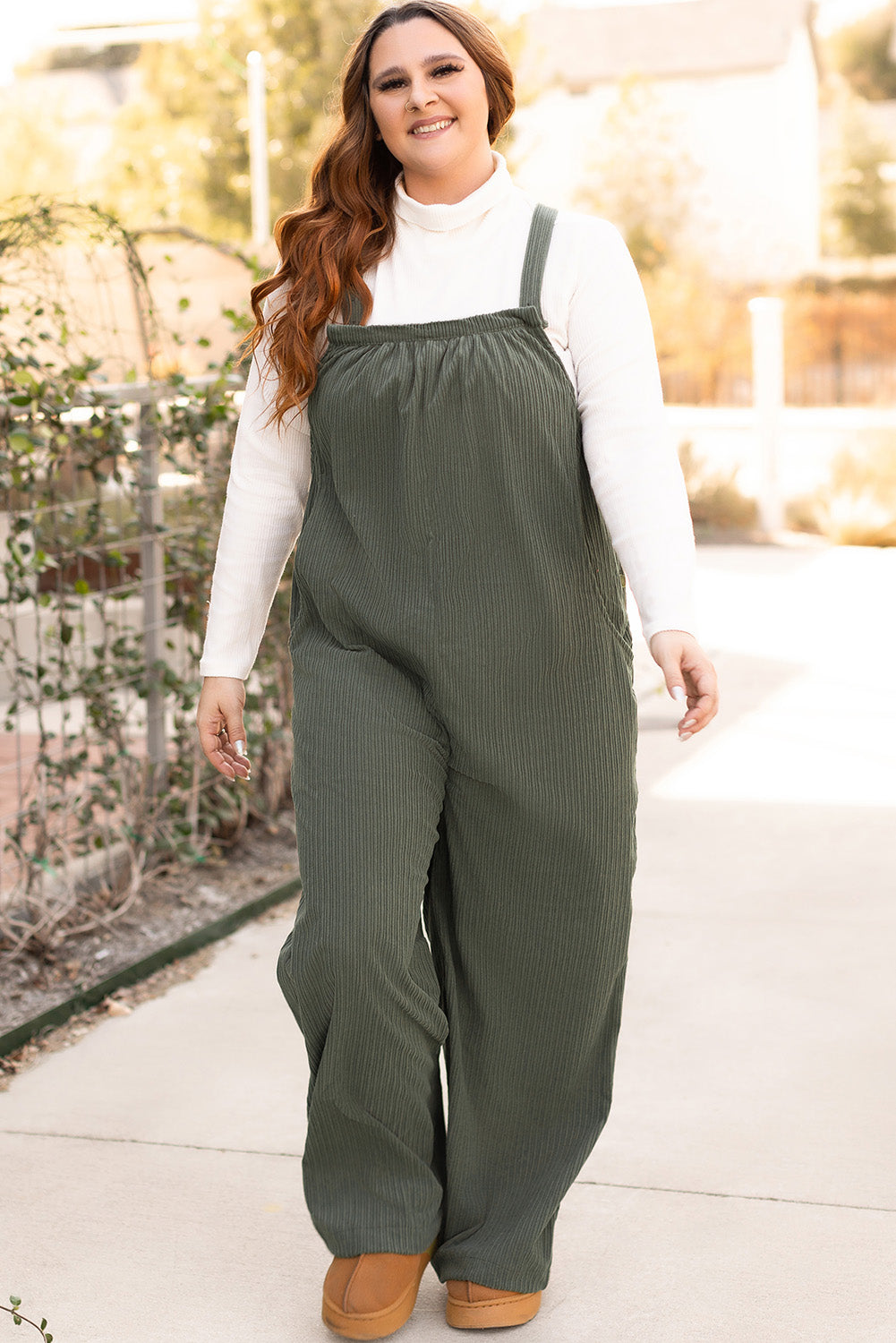 Jungle Green Plus Size Side Pockets Corduroy Overall-Plus Size Bottoms-[Adult]-[Female]-2022 Online Blue Zone Planet