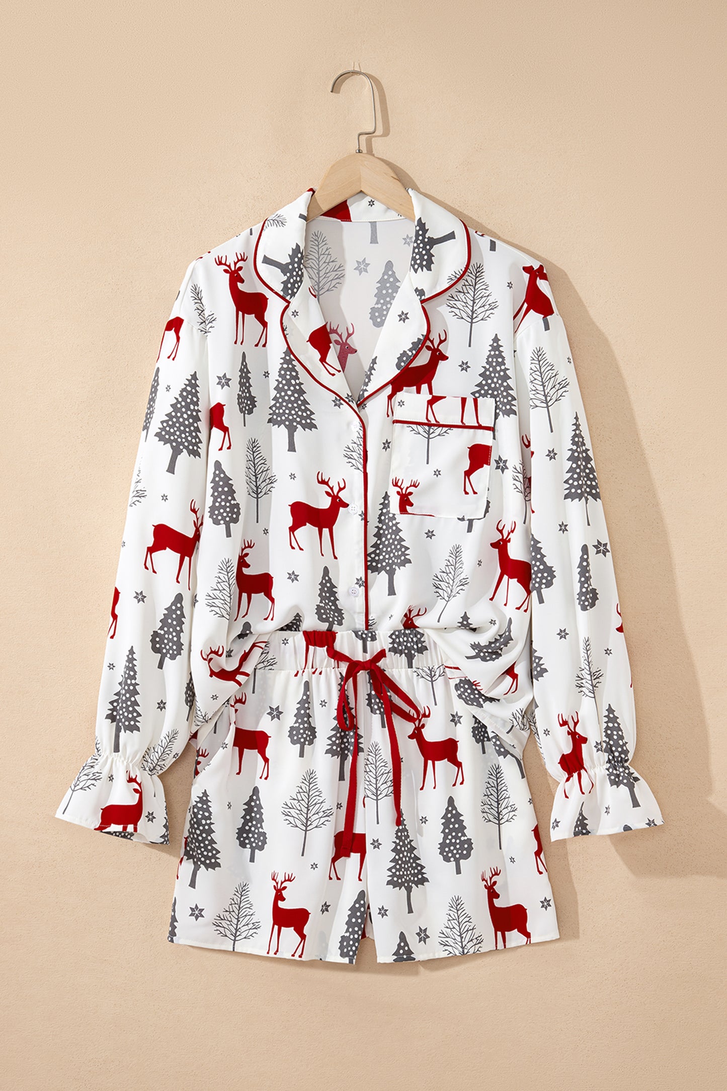 White Christmas Fashion Print Velvet Trim Bow Knot Pajama 2pcs Short Set-Loungewear & Sleepwear/Sleepwear-[Adult]-[Female]-2022 Online Blue Zone Planet