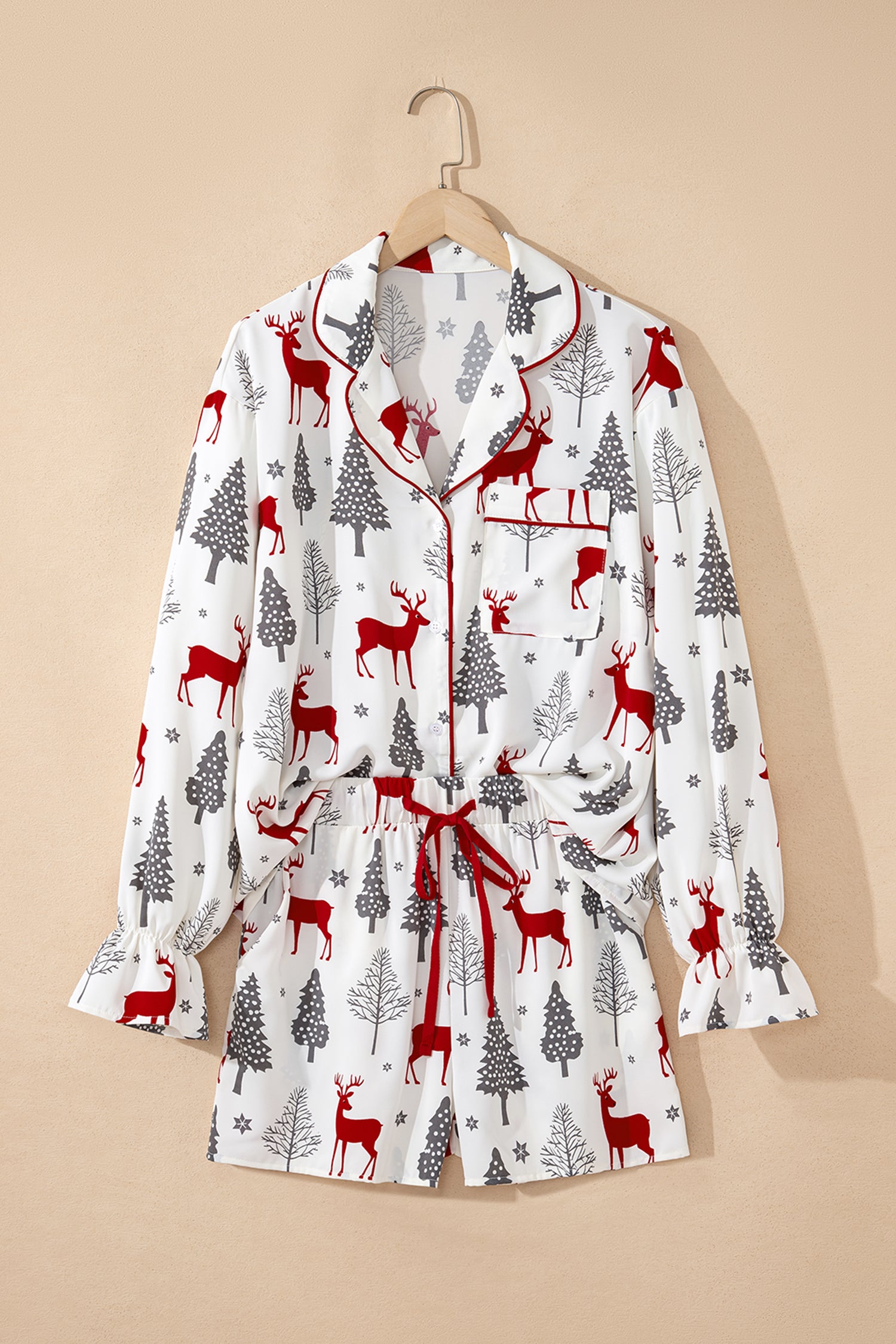 White Christmas Fashion Print Velvet Trim Bow Knot Pajama 2pcs Short Set-Loungewear & Sleepwear/Sleepwear-[Adult]-[Female]-2022 Online Blue Zone Planet