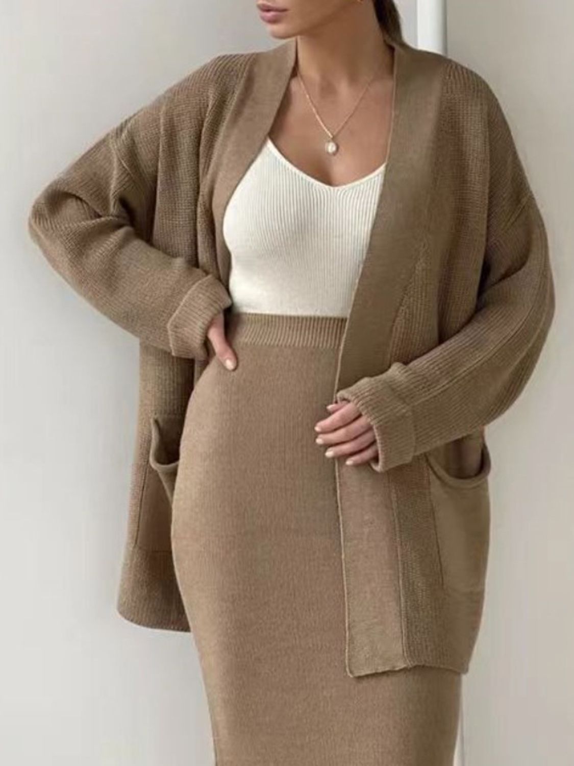 Pocketed Long Sleeve Cardigan and Skirt Sweater Set-TOPS / DRESSES-[Adult]-[Female]-Camel-One Size-2022 Online Blue Zone Planet