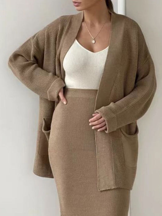 Pocketed Long Sleeve Cardigan and Skirt Sweater Set-TOPS / DRESSES-[Adult]-[Female]-Camel-One Size-2022 Online Blue Zone Planet