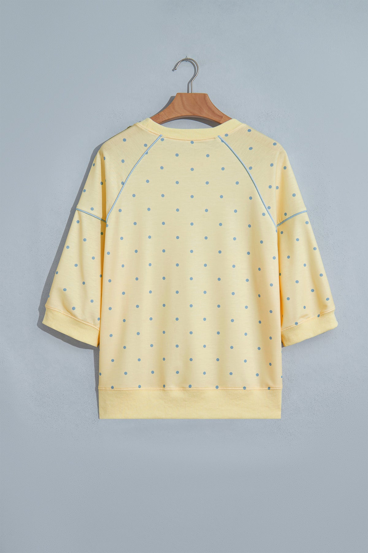 Yellow Polka Dot Print Piping Trim 3/4 Sleeve Relaxed Top-Tops/Long Sleeve Tops-[Adult]-[Female]-2022 Online Blue Zone Planet