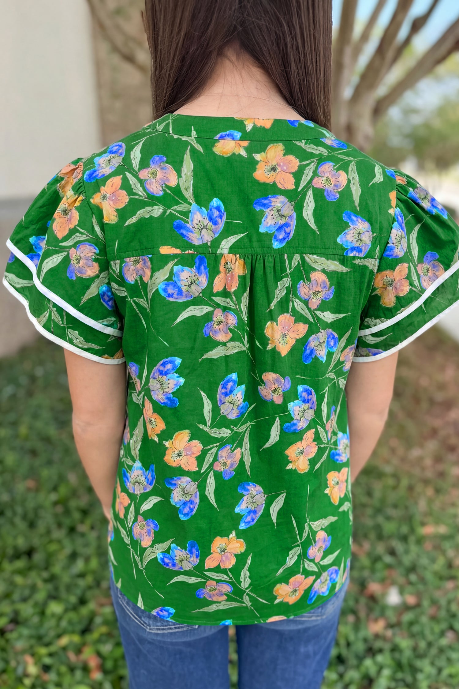 Green Plus Size Ruffled Short Sleeve Floral Top-Plus Size/Plus Size Tops/Plus Size Blouses & Shirts-[Adult]-[Female]-2022 Online Blue Zone Planet