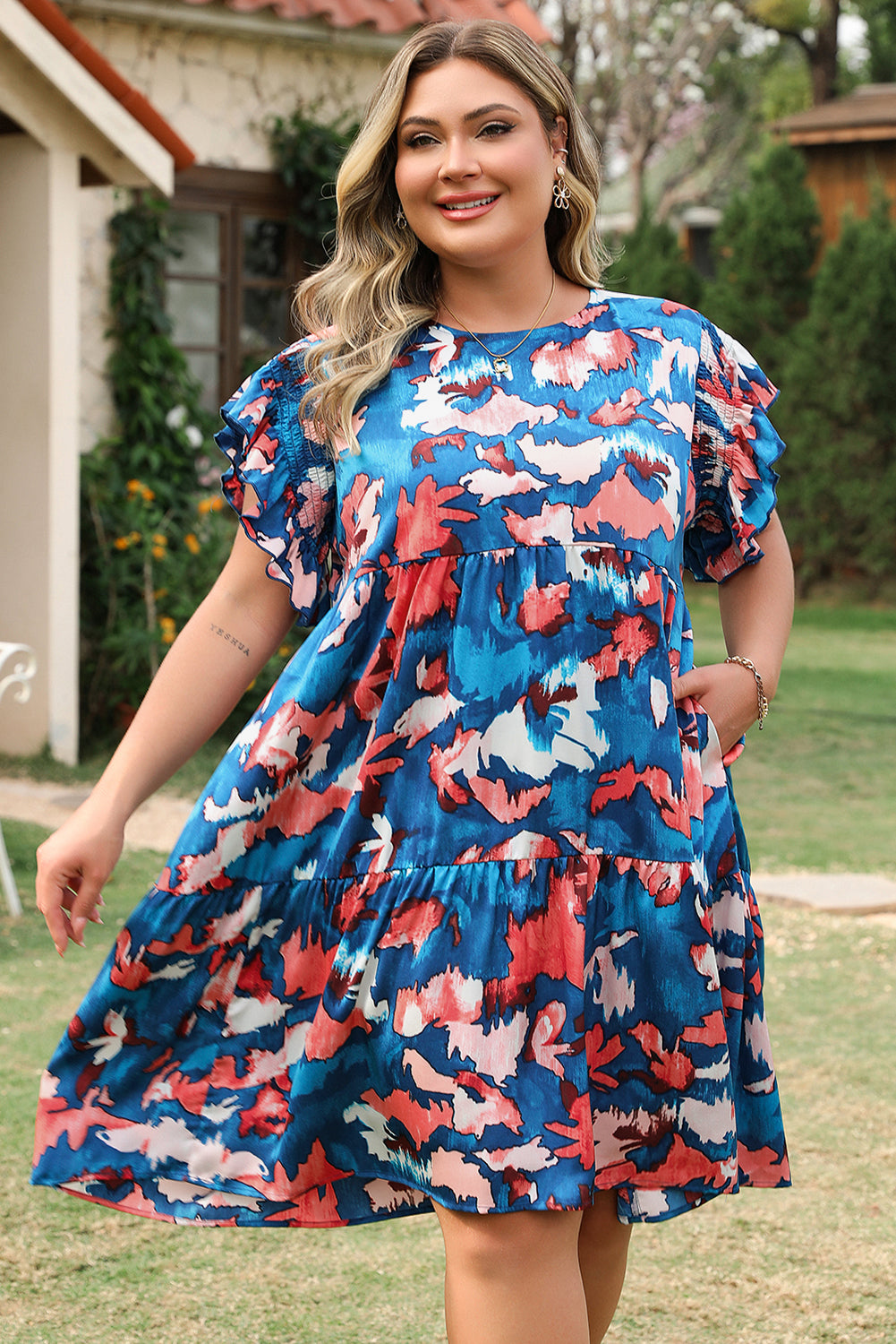 Blue Abstract Print Shirred Ruffled Short Sleeve Tiered Plus Size Mini Dress-TOPS / DRESSES-[Adult]-[Female]-2022 Online Blue Zone Planet