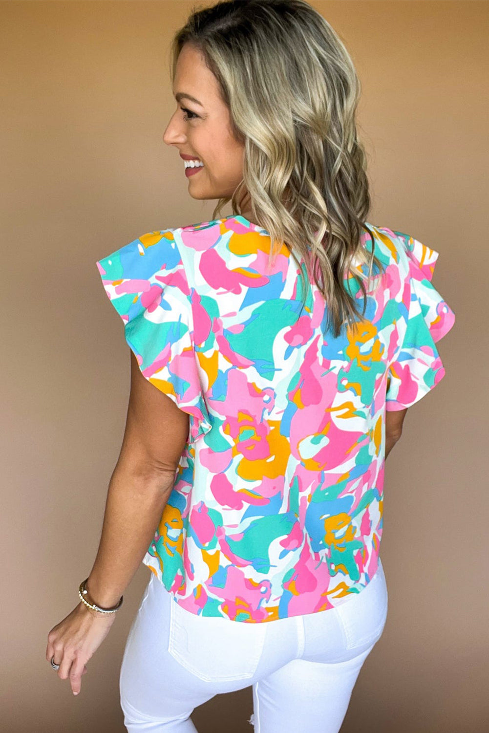 Multicolour Abstract Print Notched Neck Flutter Sleeve Blouse-Tops/Blouses & Shirts-[Adult]-[Female]-2022 Online Blue Zone Planet