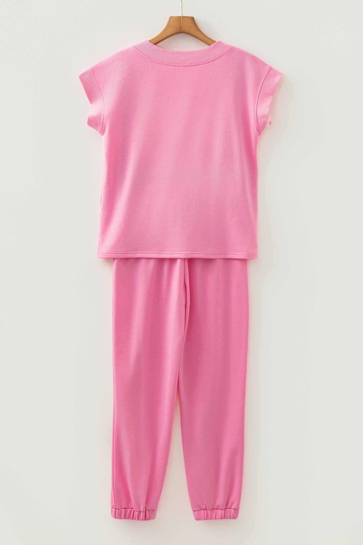 Bonbon Solid Color V Neck Tee Drawstring Pant Set-Two Piece Sets/Pant Sets-[Adult]-[Female]-2022 Online Blue Zone Planet