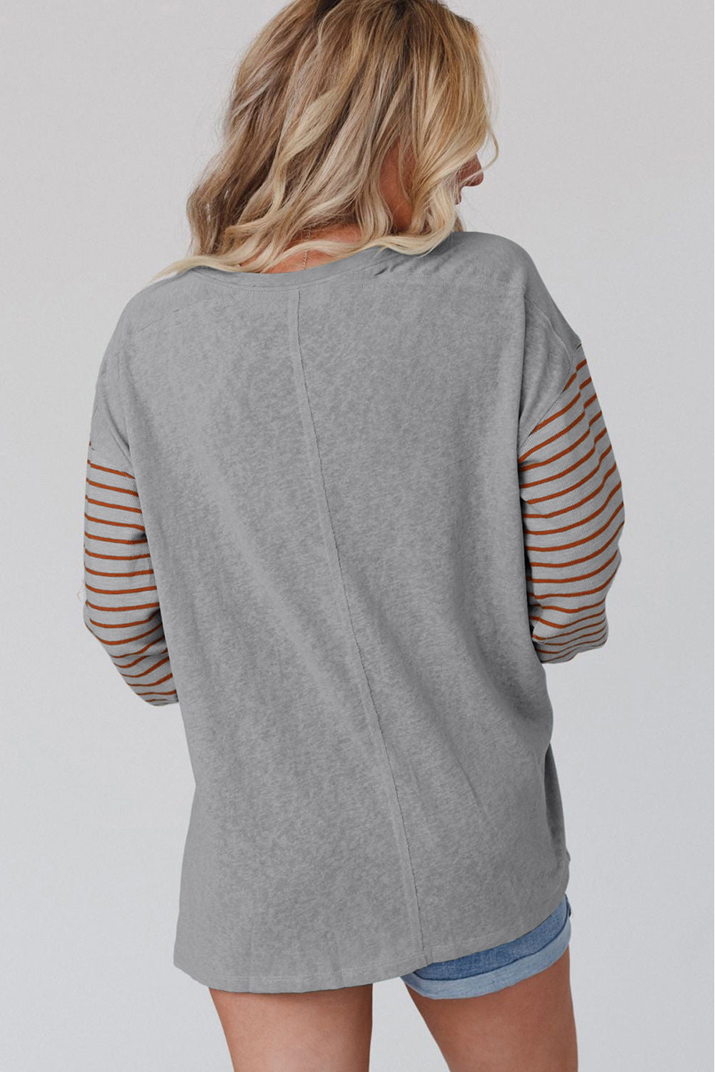 Gray Colorblock Striped Bishop Sleeve Top-Tops/Long Sleeve Tops-[Adult]-[Female]-2022 Online Blue Zone Planet