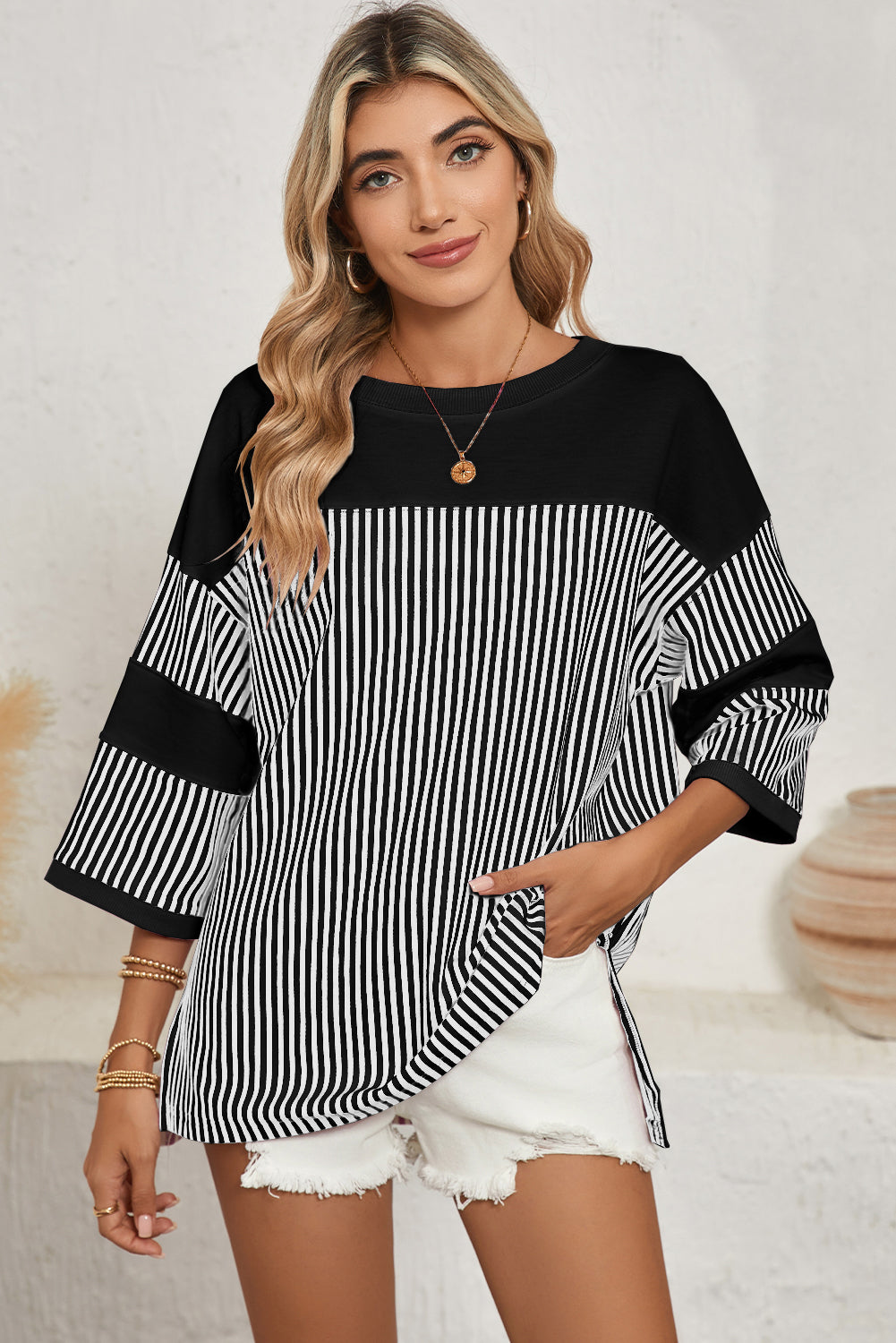 Blue Zone Planet | Black & White Striped Patchwork Oversized Tee-T Shirts-[Adult]-[Female]-Black white-S-2022 Online Blue Zone Planet