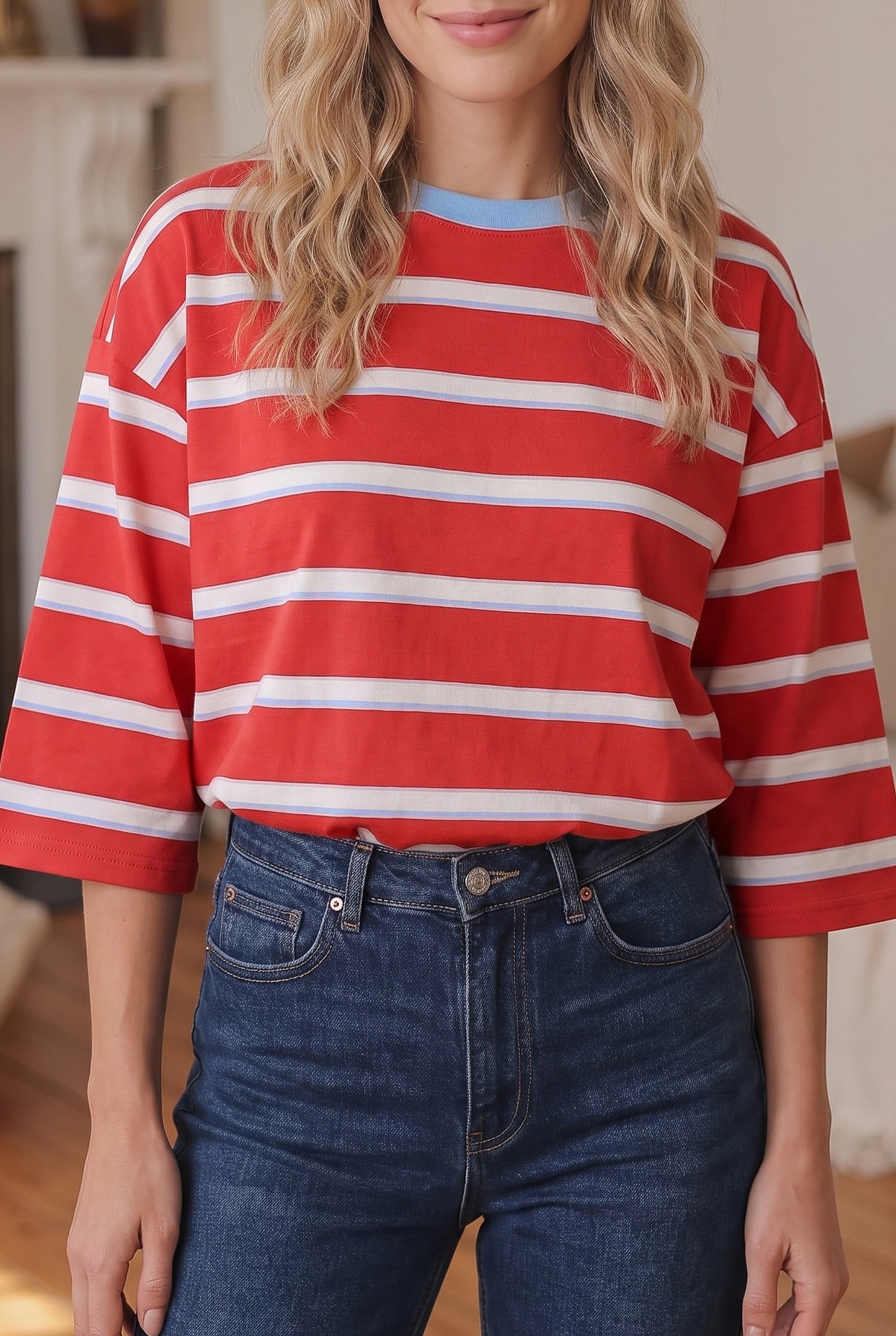 Racing Red Striped Bow Tie Hollowed Back 7/8 Sleeve Casual T-Shirt-Tops/Long Sleeve Tops-[Adult]-[Female]-2022 Online Blue Zone Planet