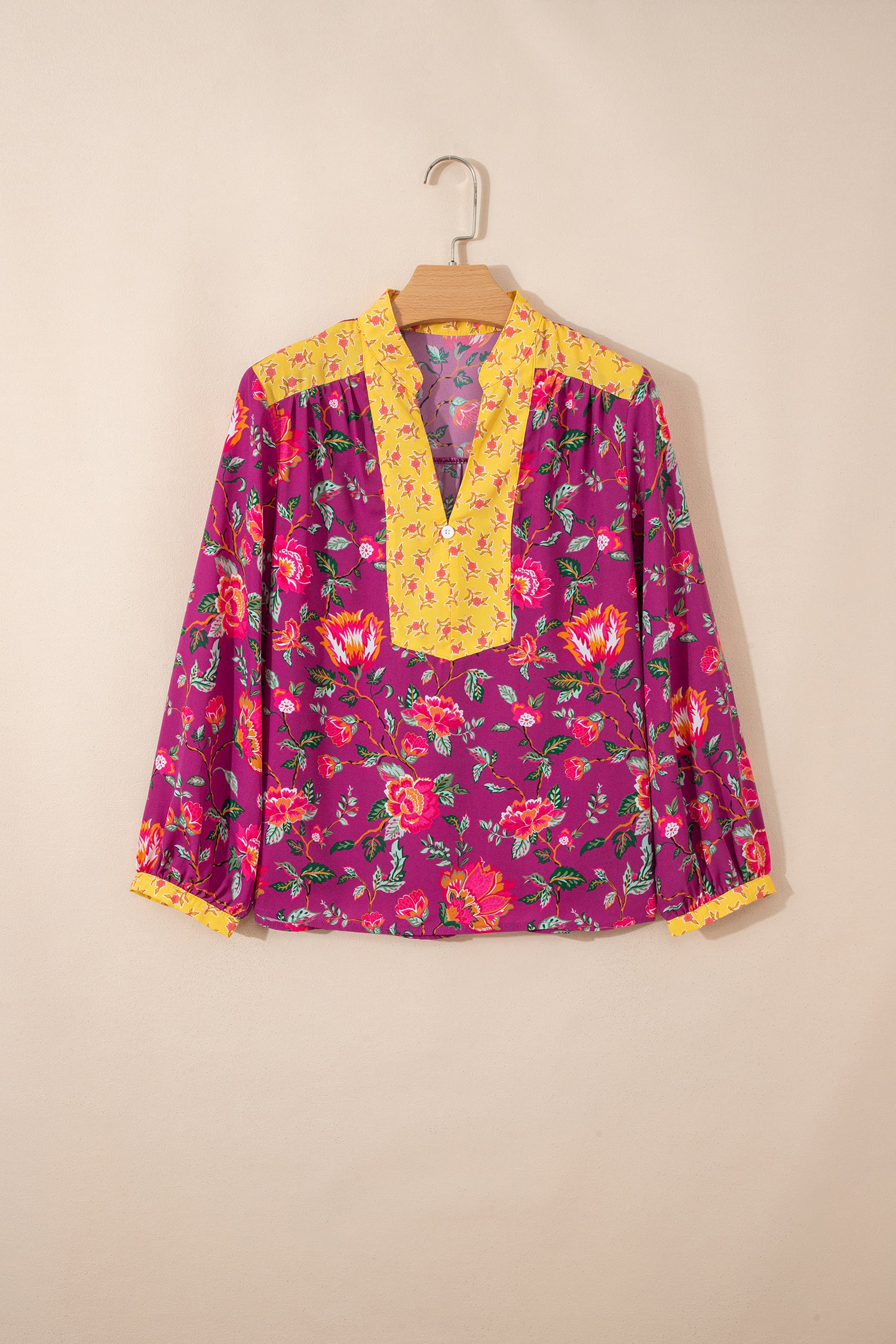 Rose Contrast Placket Split V Neck Floral Blouse-Tops/Blouses & Shirts-[Adult]-[Female]-2022 Online Blue Zone Planet