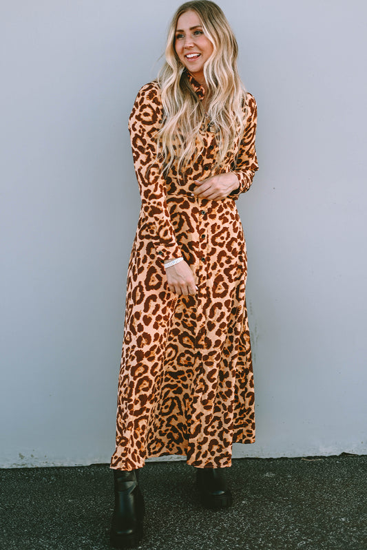 Blue Zone Planet | Leopard Button-Up Long Sleeve Maxi Dress-TOPS / DRESSES-[Adult]-[Female]-Leopard-S-2022 Online Blue Zone Planet