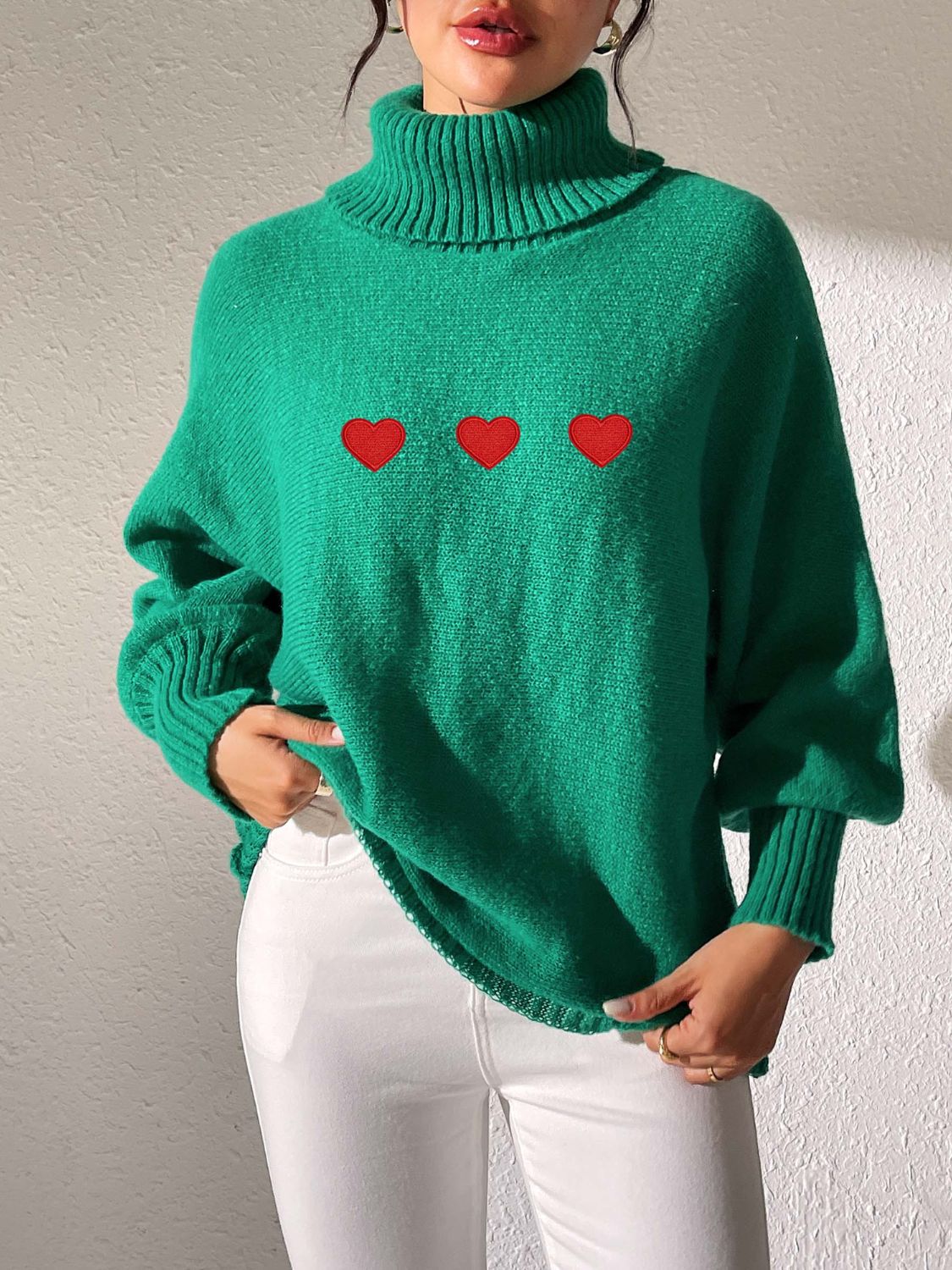 Heart Turtleneck Long Sleeve Sweater-TOPS / DRESSES-[Adult]-[Female]-2022 Online Blue Zone Planet