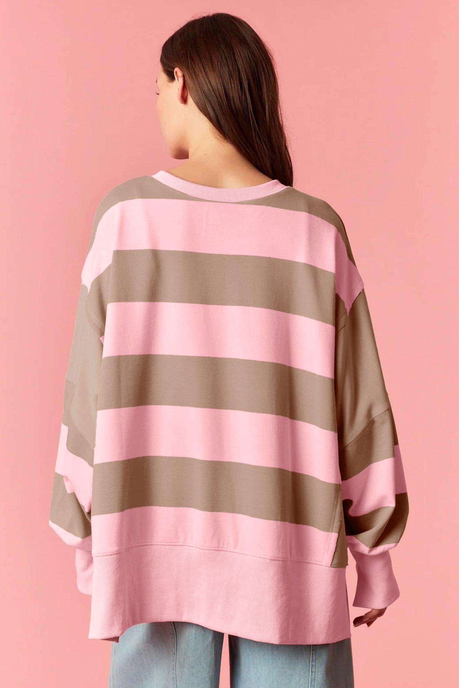 Pink Stripe Striped Colorblock Patch Pocket Split Hem Oversized Long Sleeve Sweatshirt-Tops/Sweatshirts & Hoodies-[Adult]-[Female]-2022 Online Blue Zone Planet